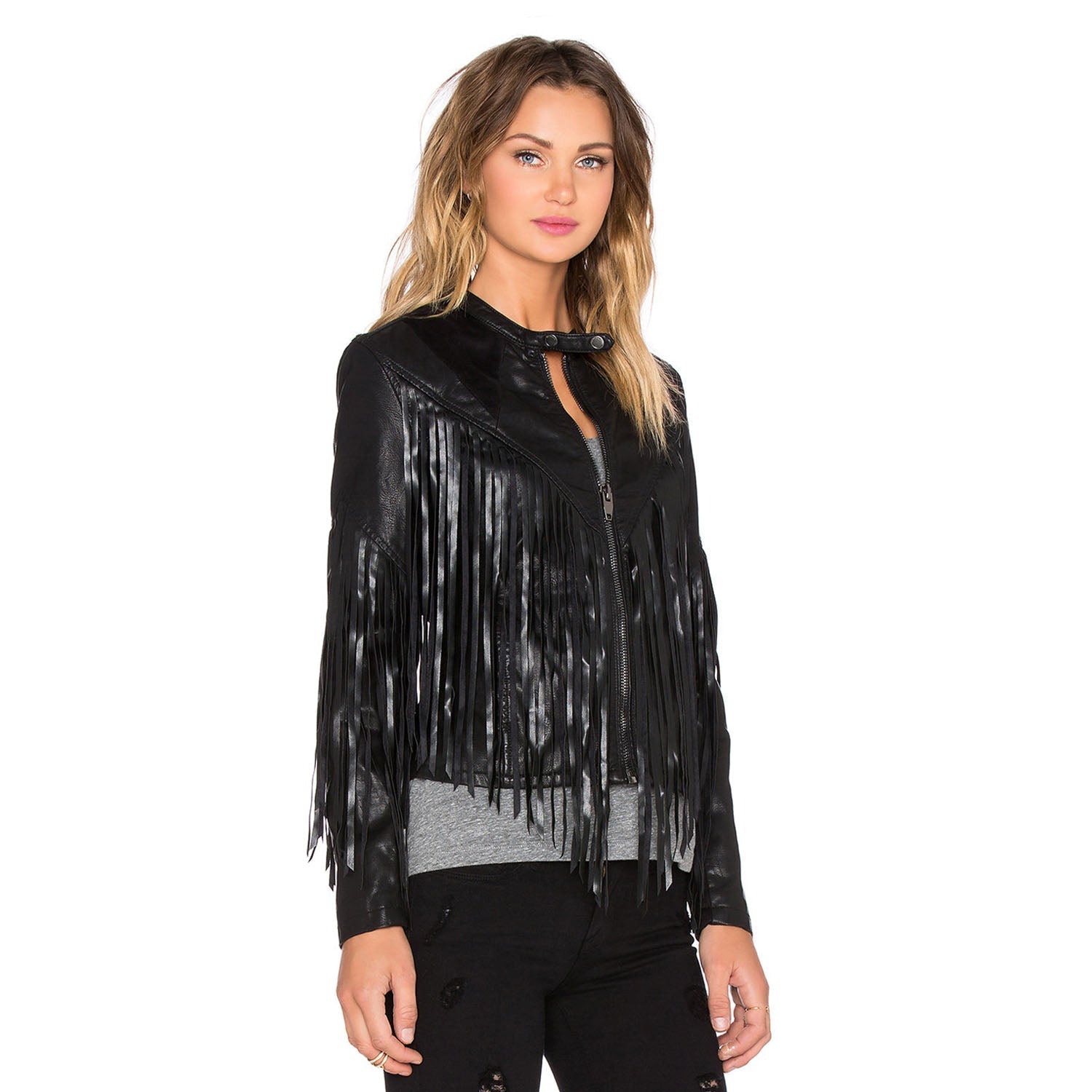 Western Fringe Black Leather Jacket for Women Cowgirl side view