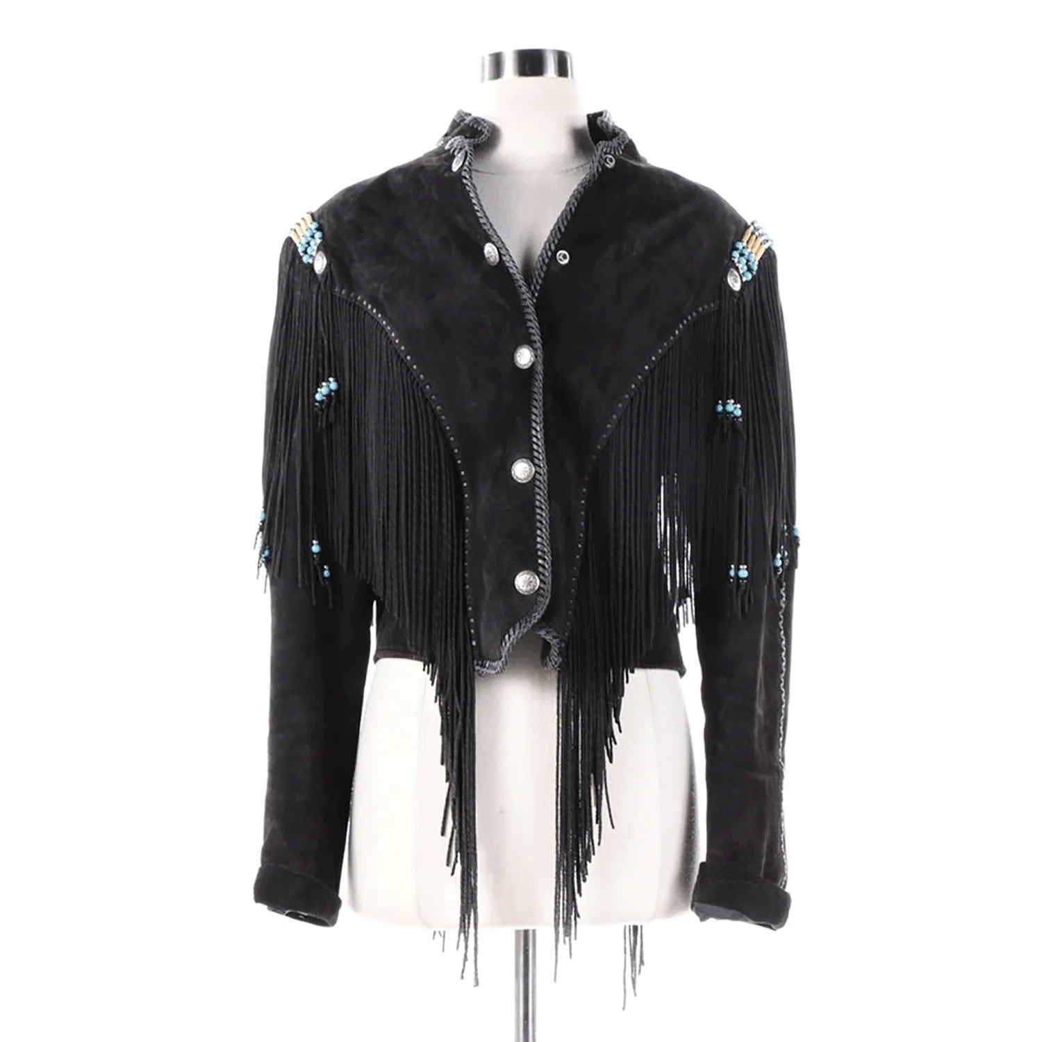 Western Fringe Black Suede Leather Beaded Jacket for Women Cowgirl front view
