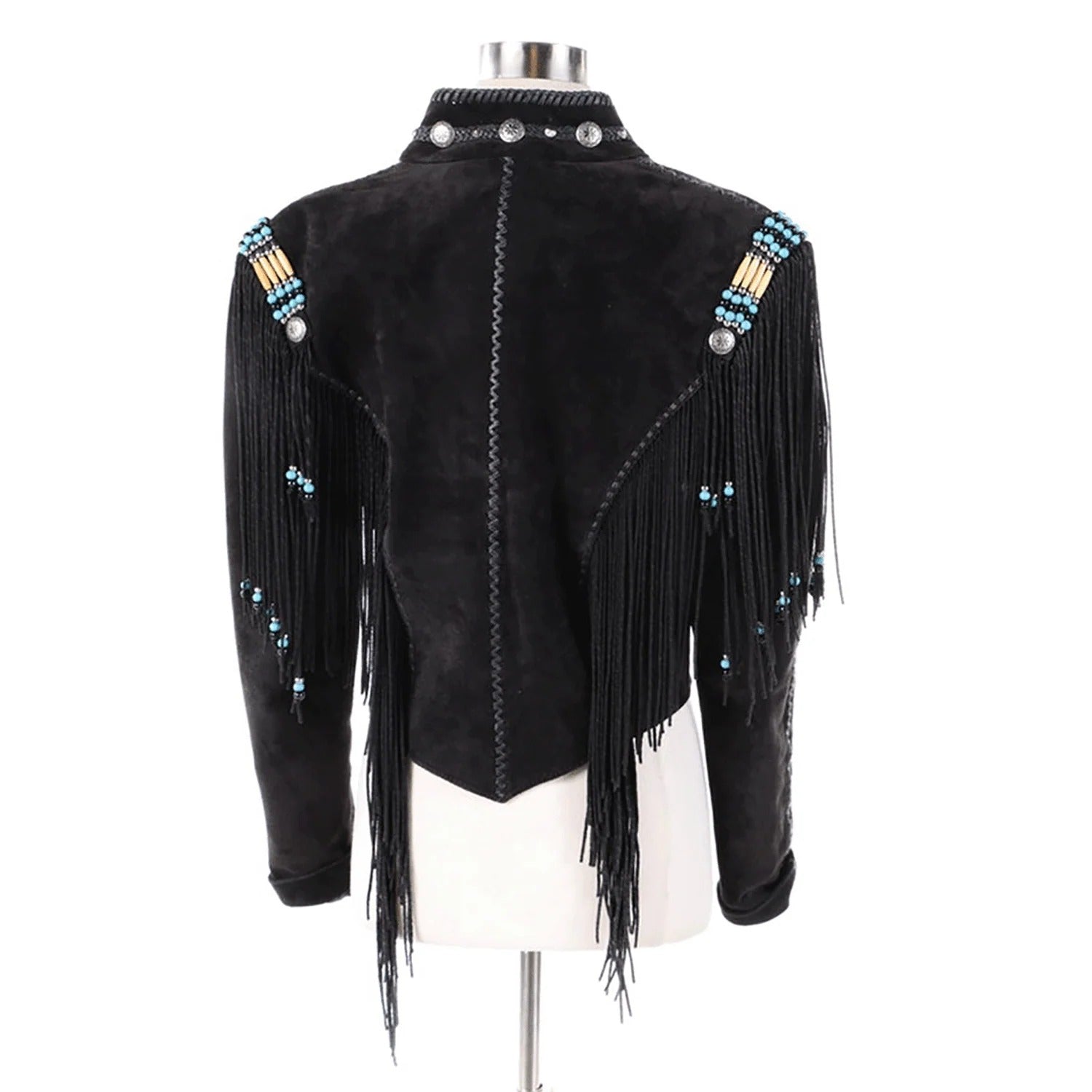 Western Fringe Black Suede Leather Beaded Jacket for Women Cowgirl back view