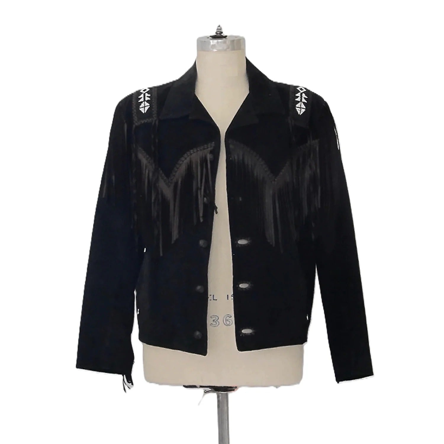 Western Fringe Black Suede Leather Beaded Jacket for Women Cowgirl side view