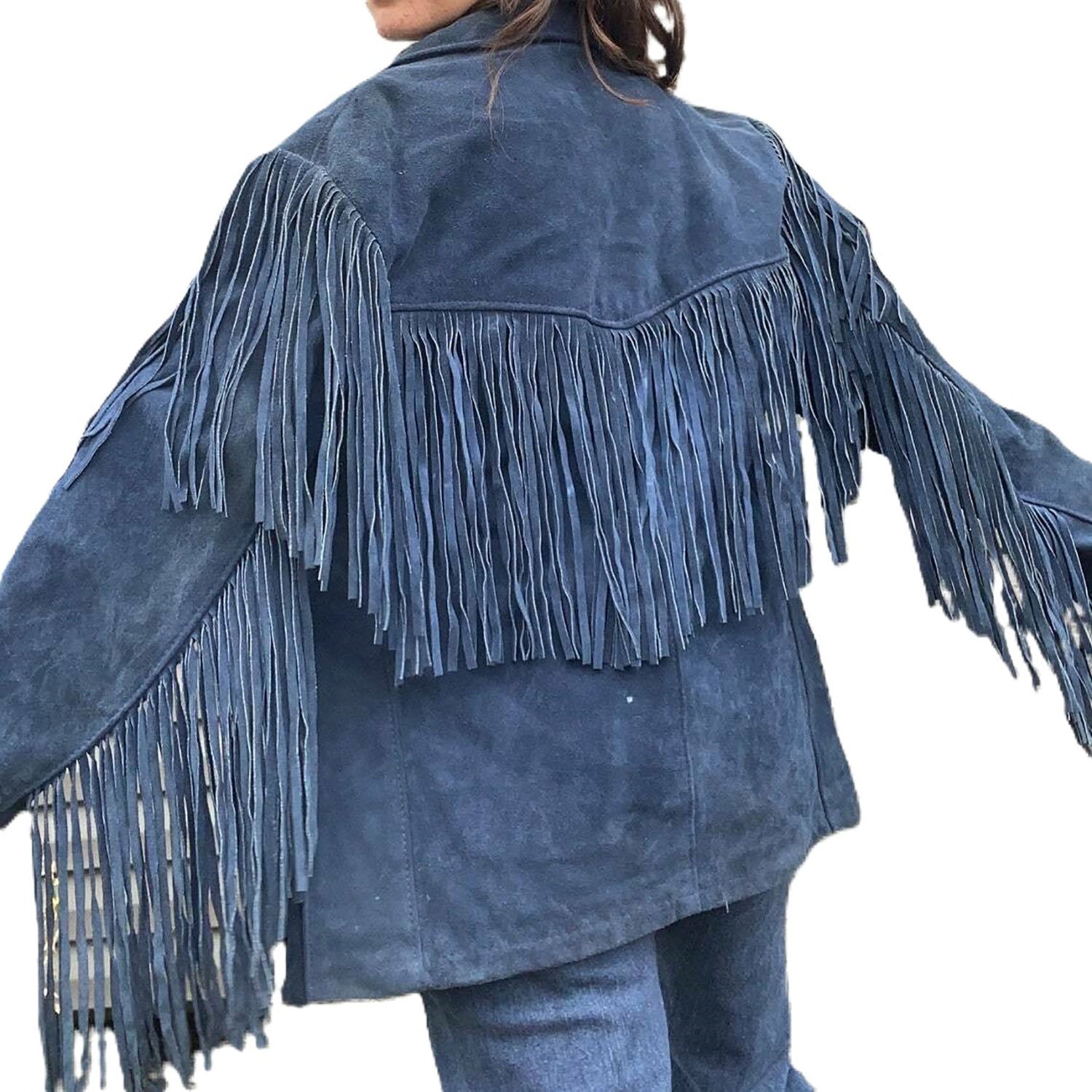 Western Fringe Blue Suede Leather Jacket for Women side view