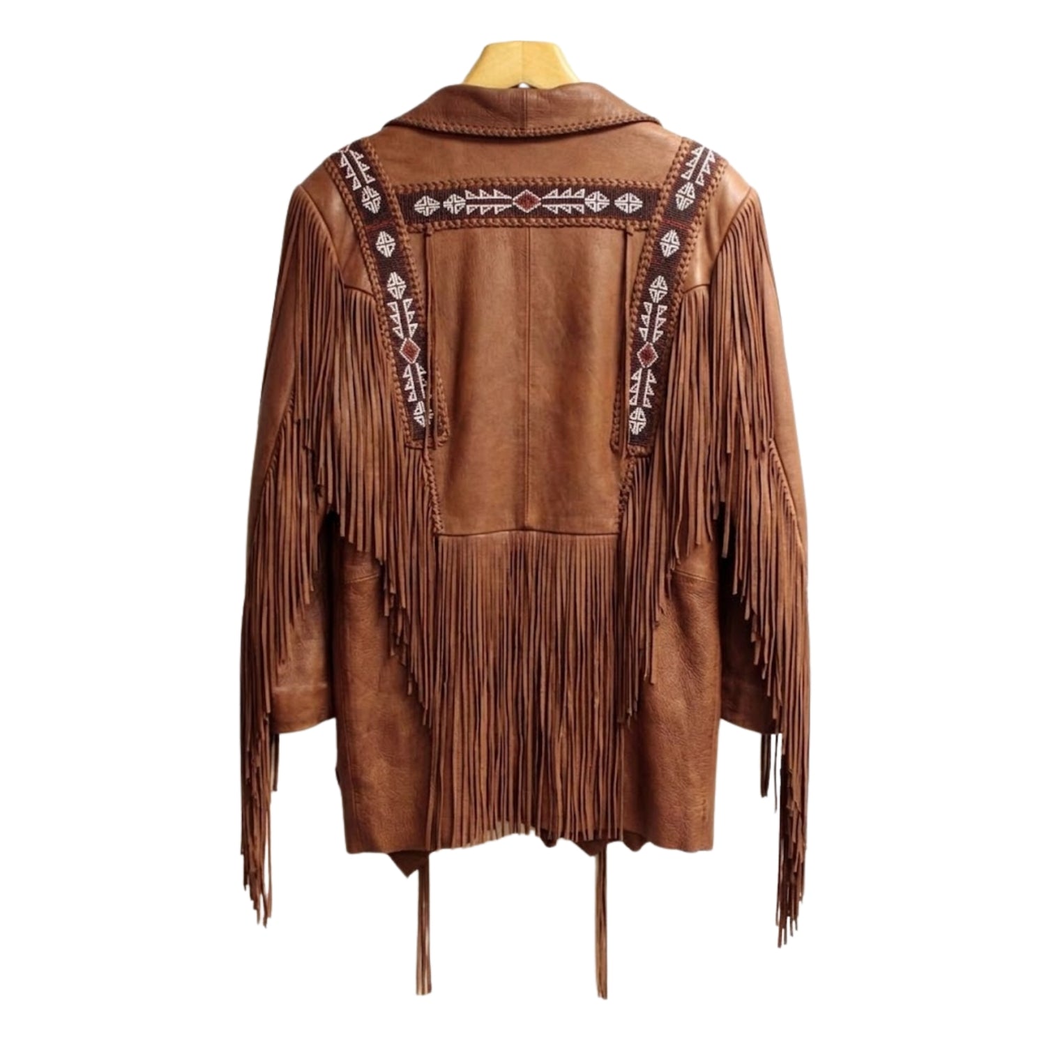 Brown leather fringe jacket with beaded detailing, full display