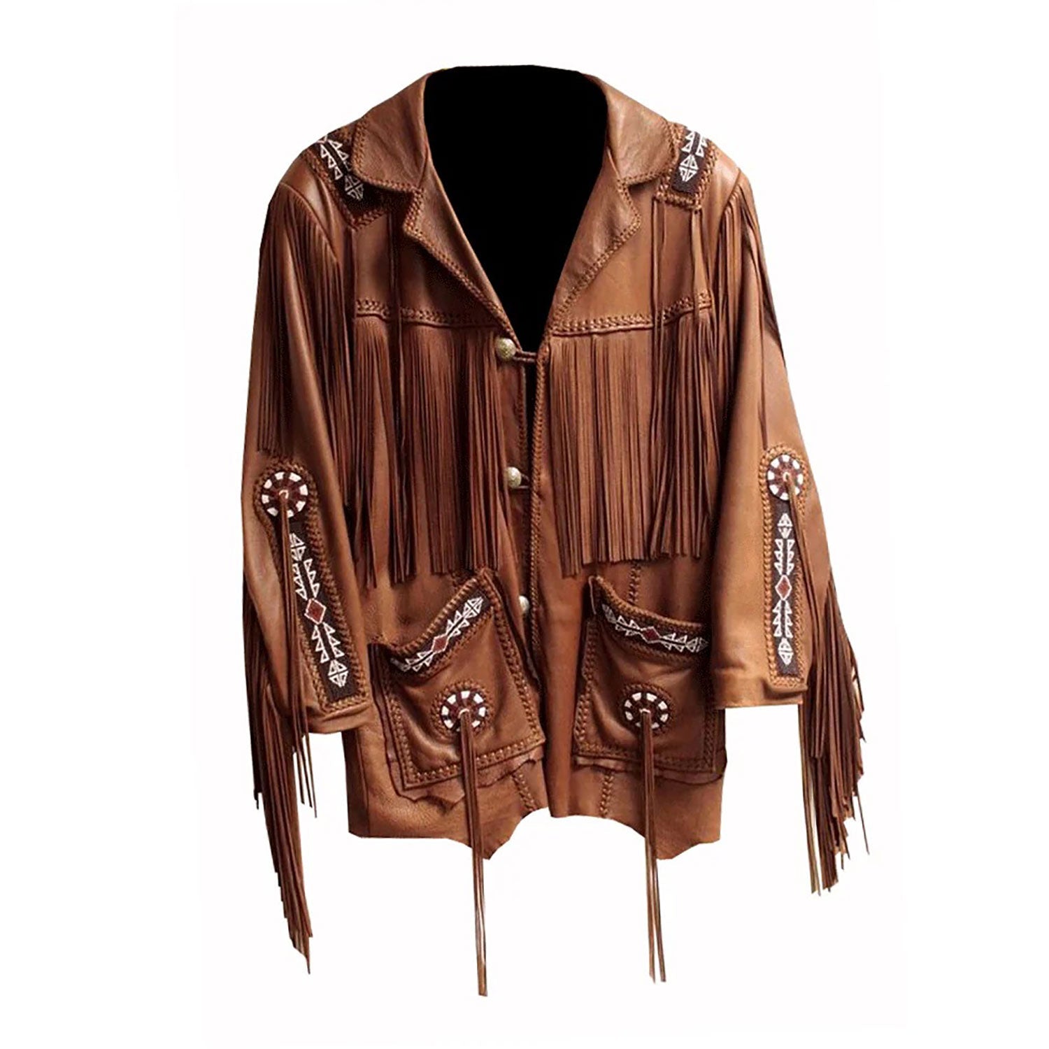 Brown leather fringe jacket with beaded detailing, worn styled look