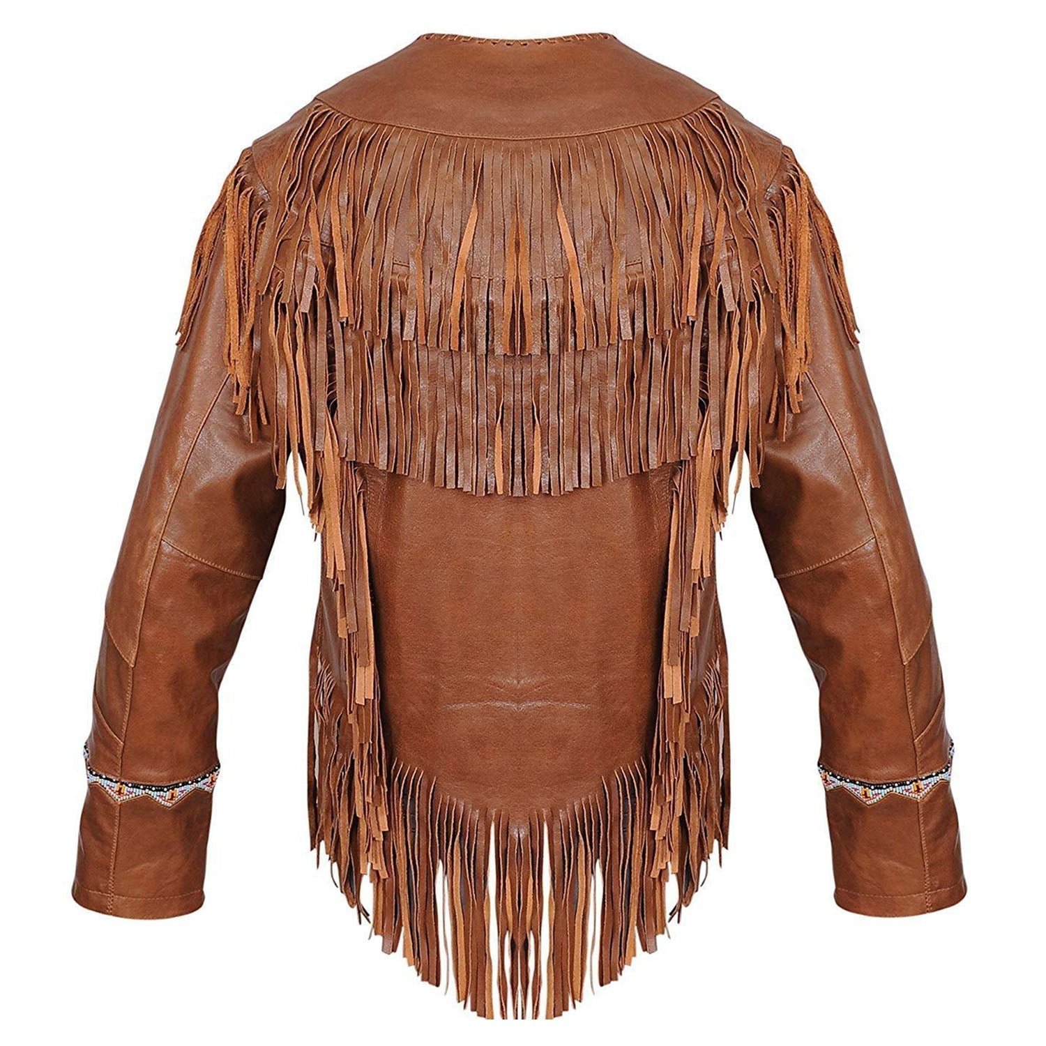 Western Fringe Brown Leather Beaded Jacket for Women side view