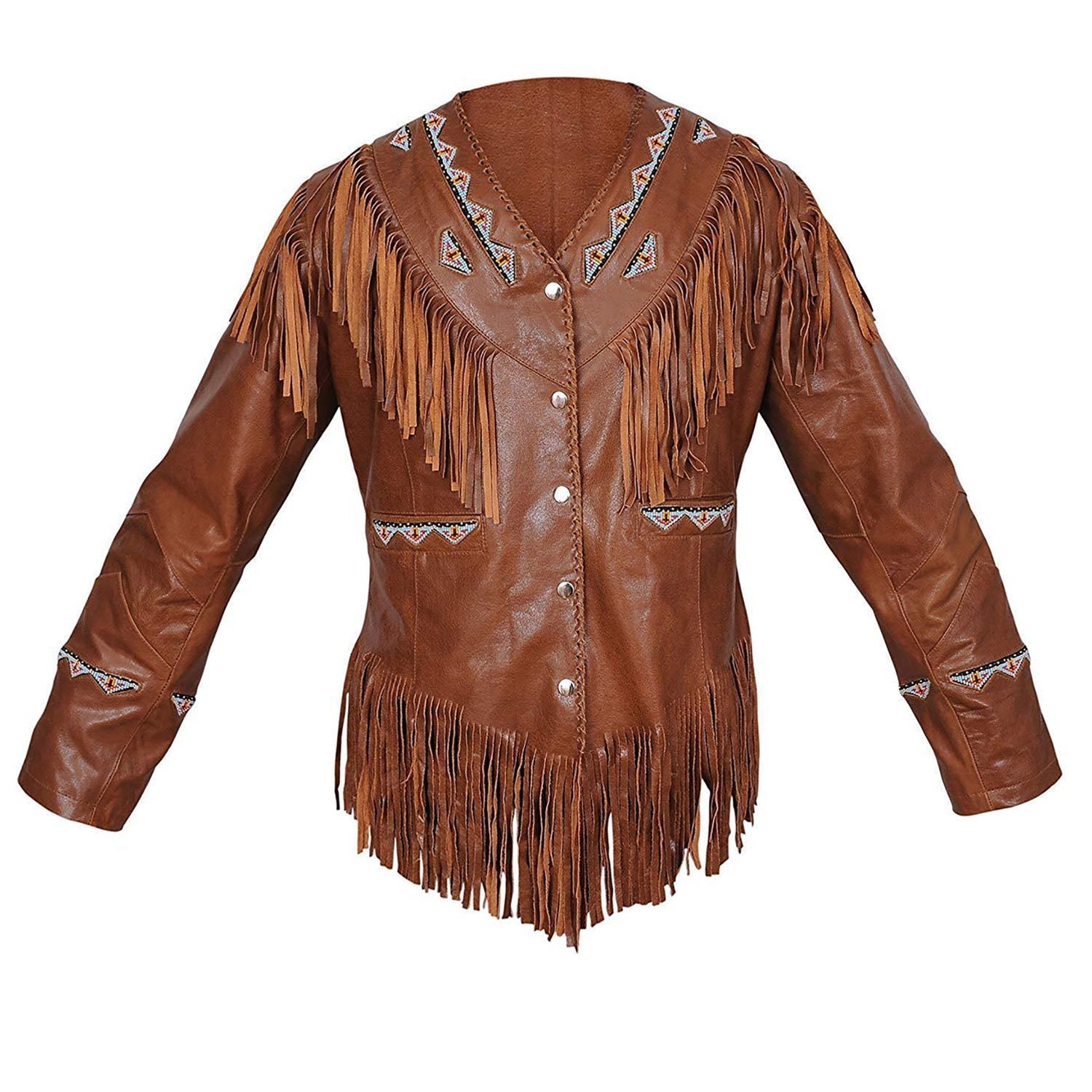 Western Fringe Brown Leather Beaded Jacket for Women front view