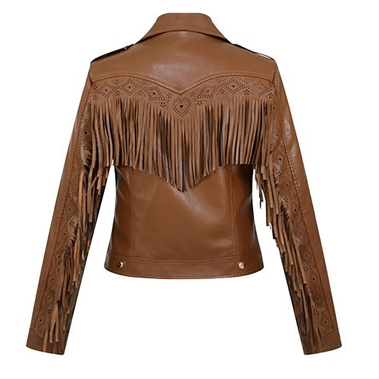 Western Fringe Brown Leather Biker Jacket for Women side view