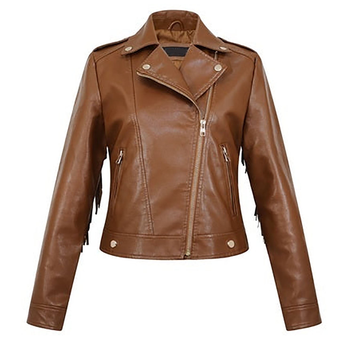 Western Fringe Brown Leather Biker Jacket for Women front view