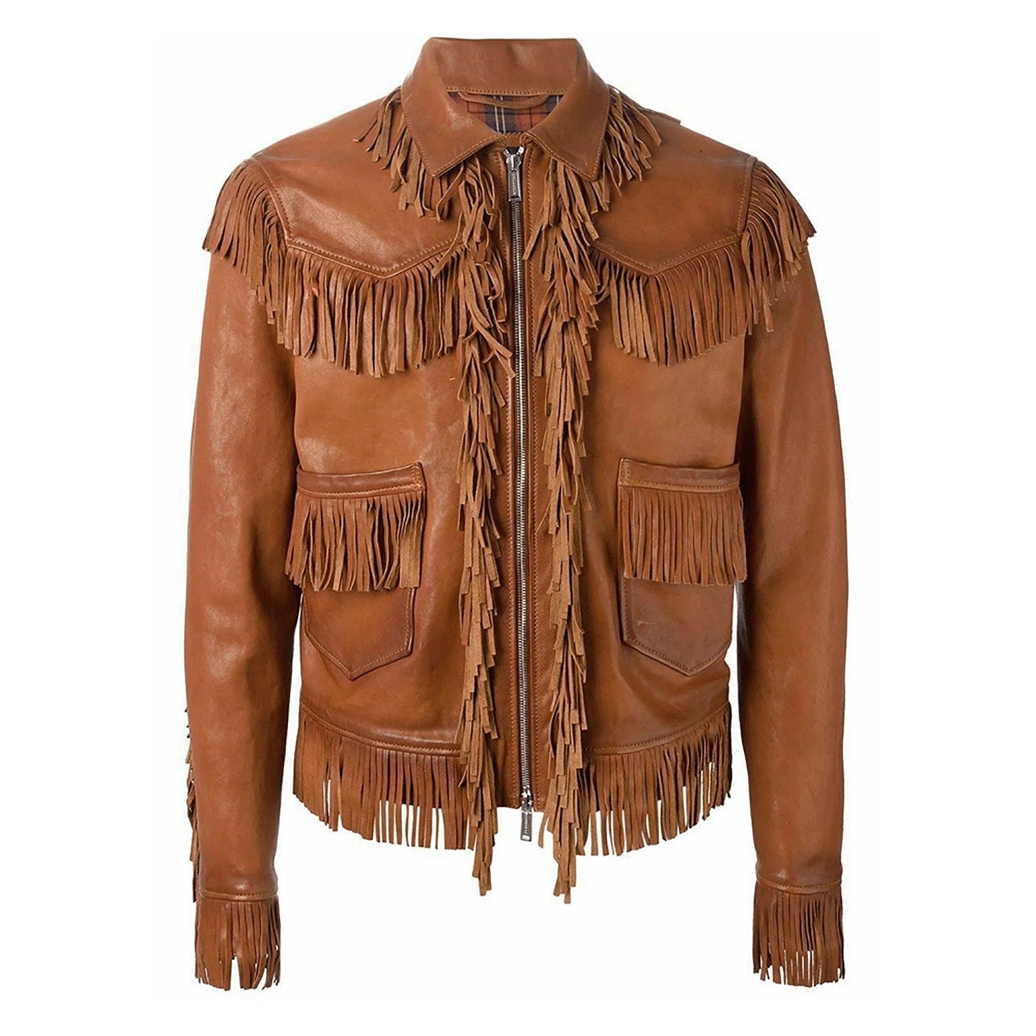 Close-up detail of the brown leather fringe jacket for men