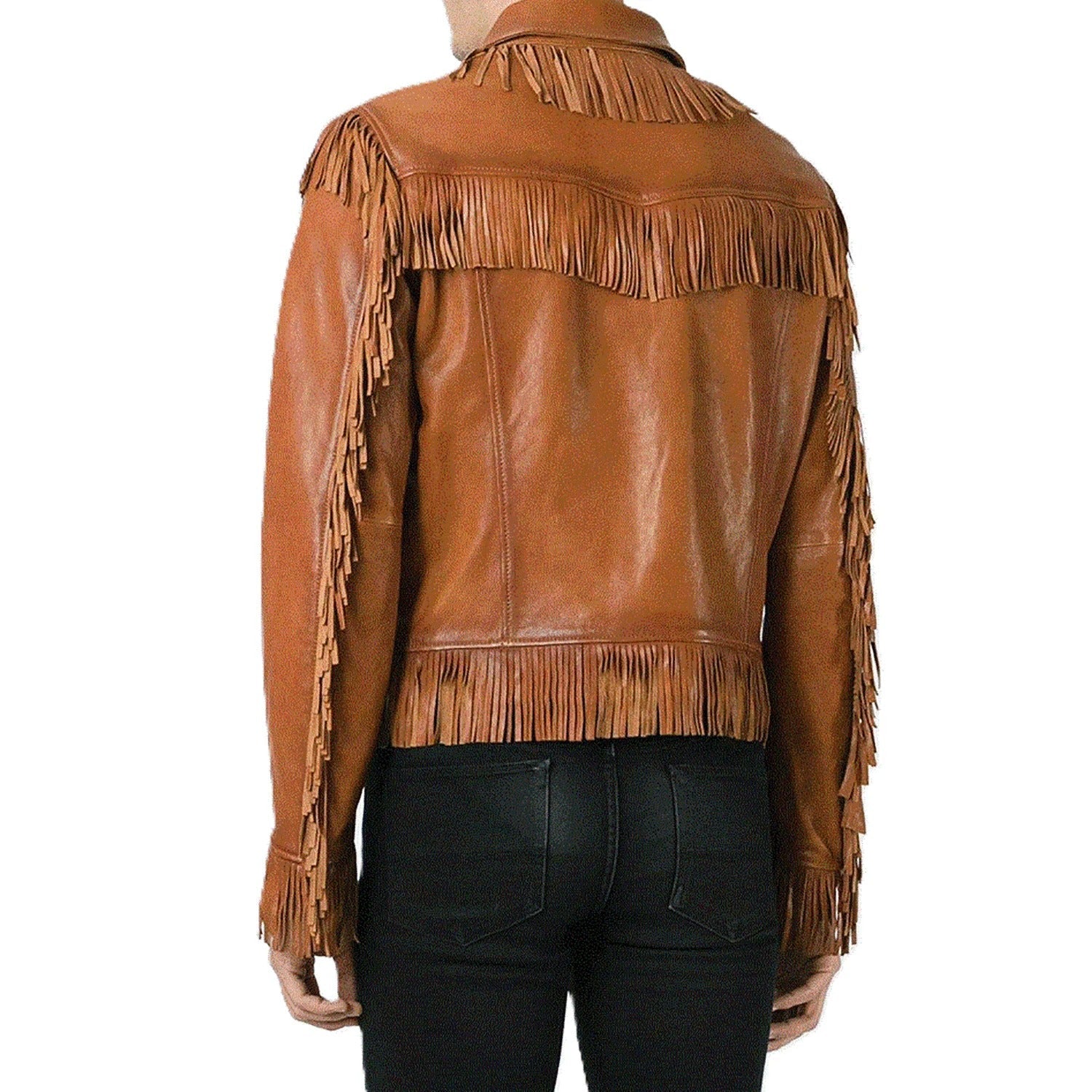 Worn styled look of the brown leather fringe jacket for men