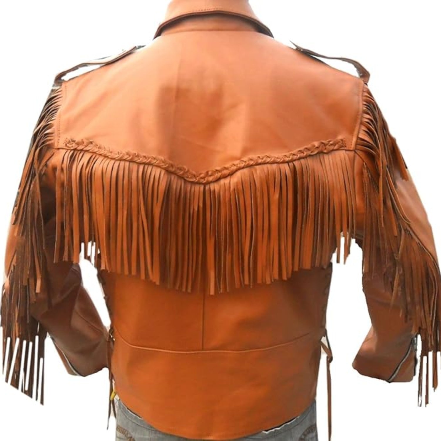 Back view showing the brown leather fringe jacket