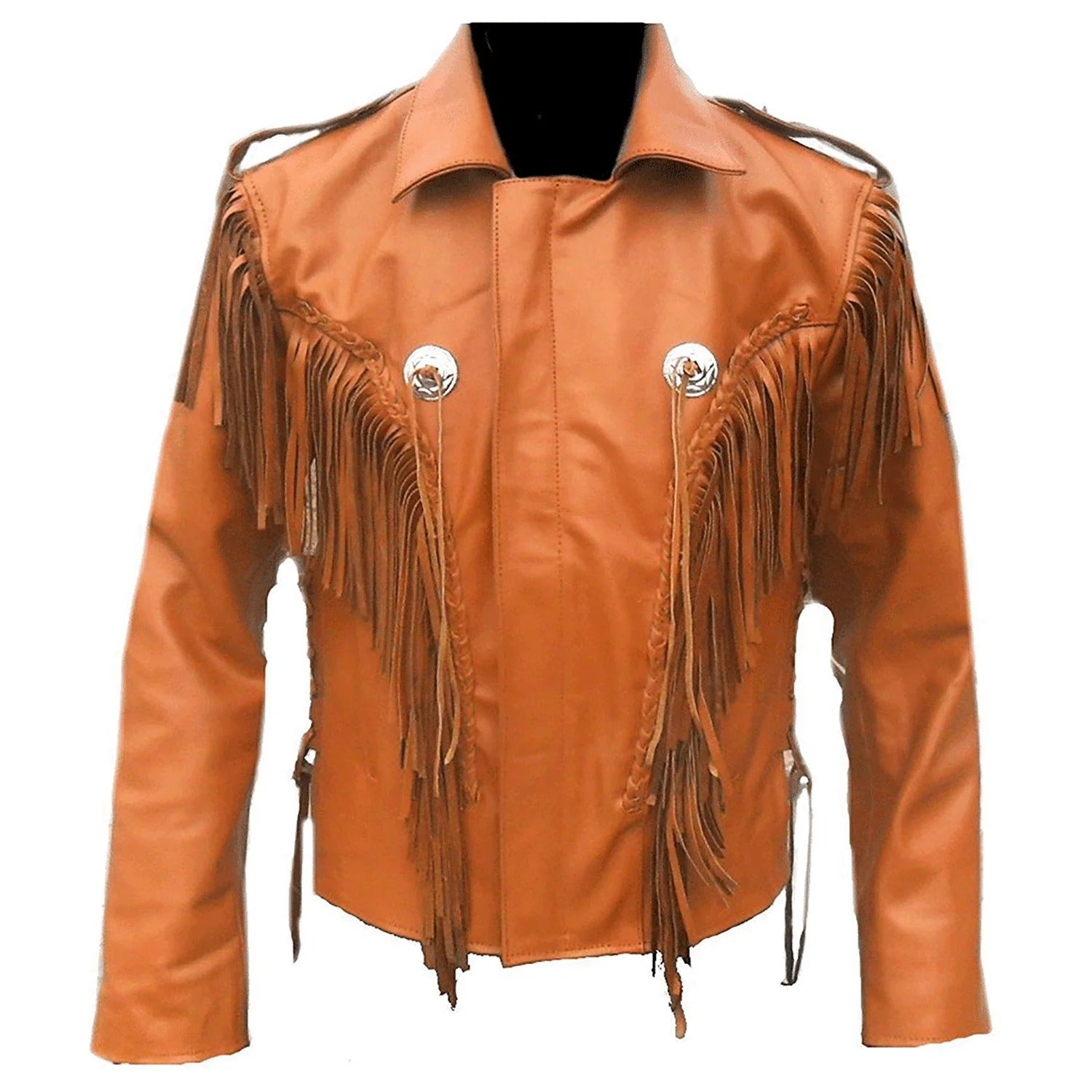 Close-up detail showing the brown leather fringe jacket