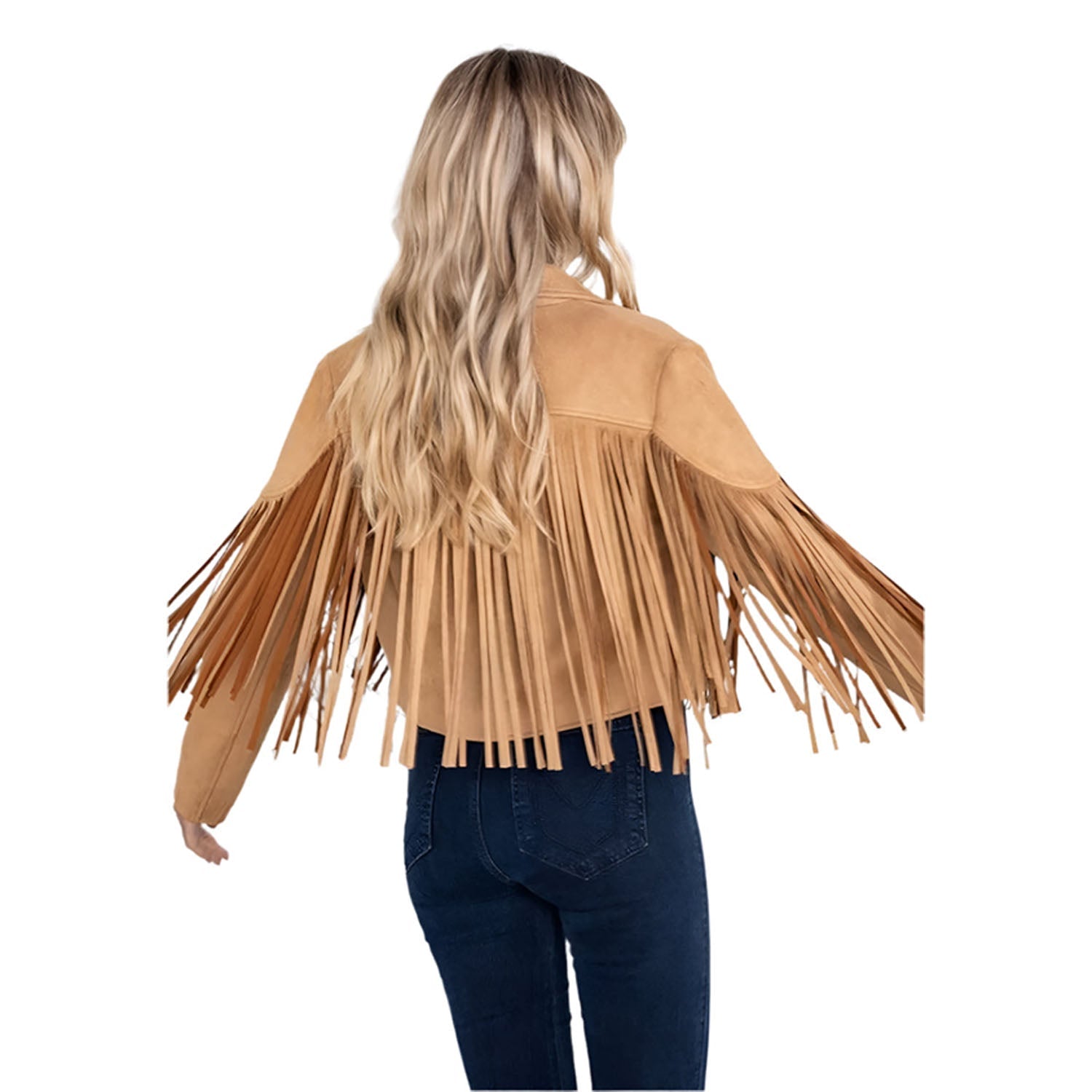 Western Fringe Brown Leather Jacket for Women back view