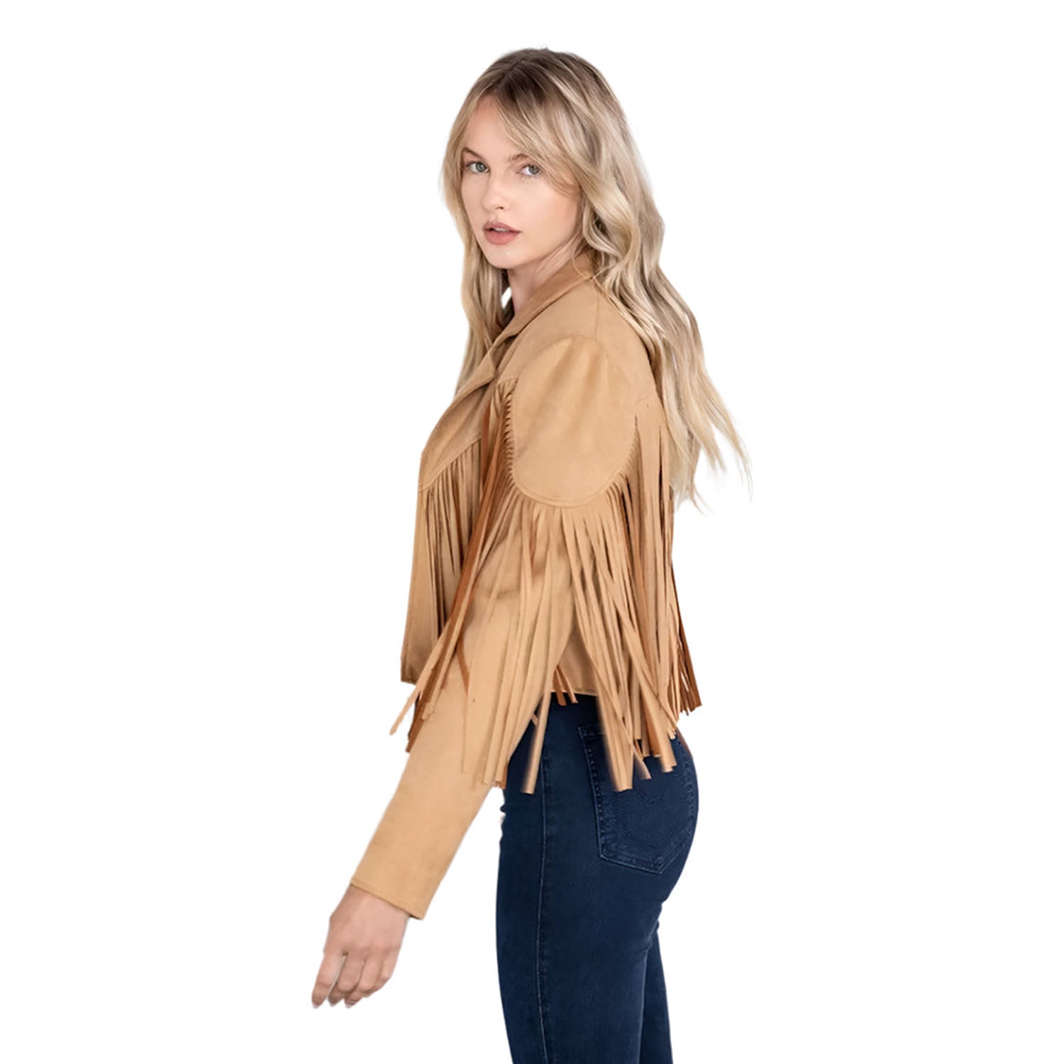 Western Fringe Brown Leather Jacket for Women side view