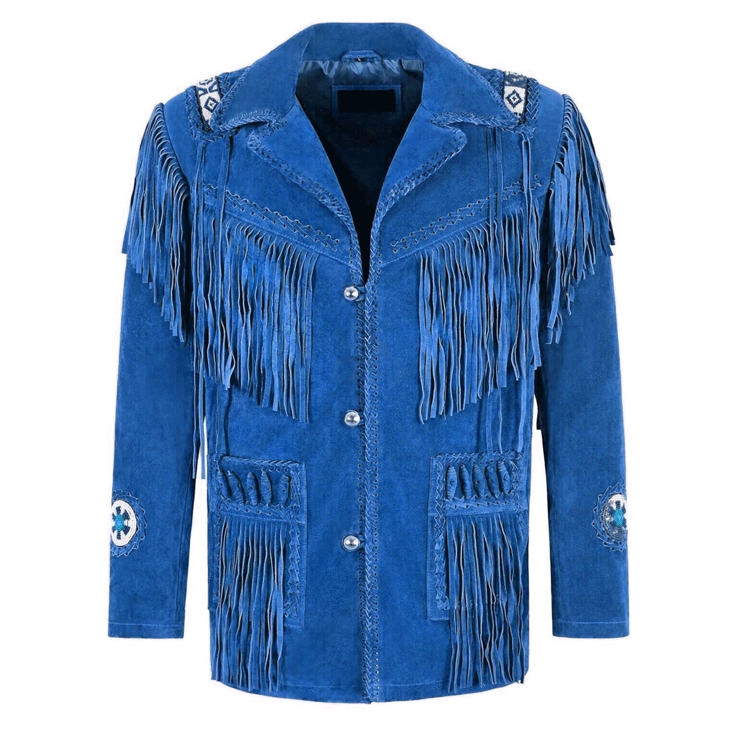 Close-up detail of the brown suede leather fringe jacket with beaded detailing for men