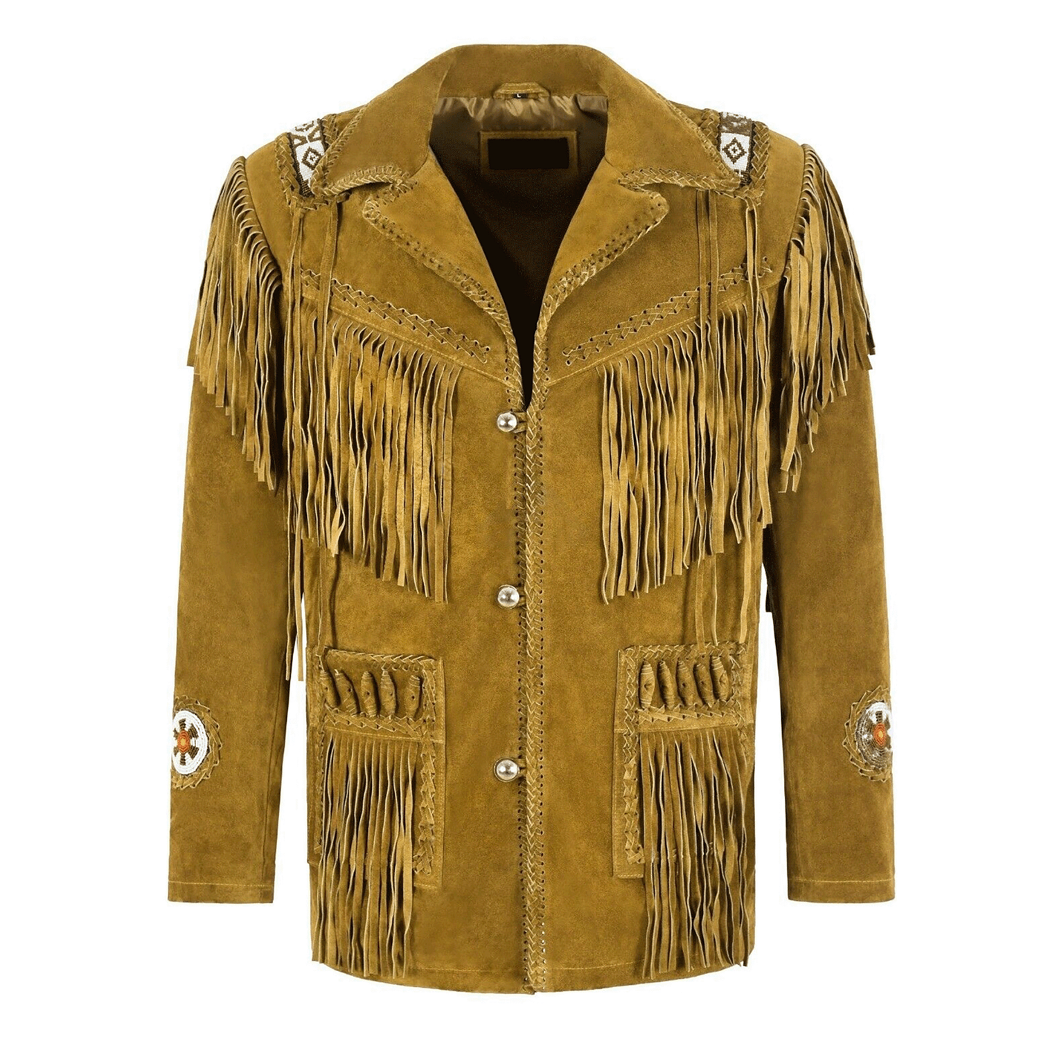 Worn styled look of the brown suede leather fringe jacket with beaded detailing for men