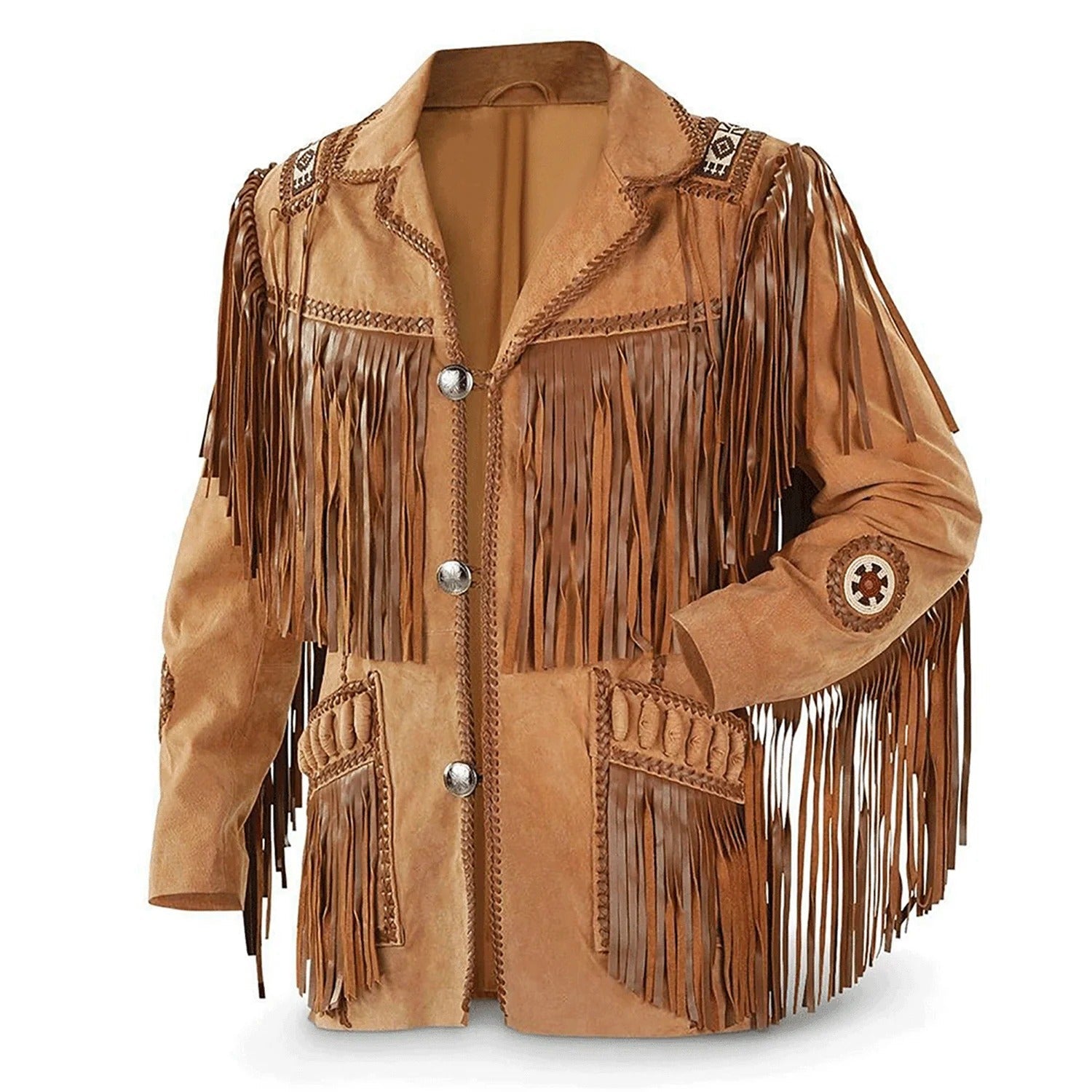 The brown suede leather fringe jacket with beaded detailing, pictured from the side