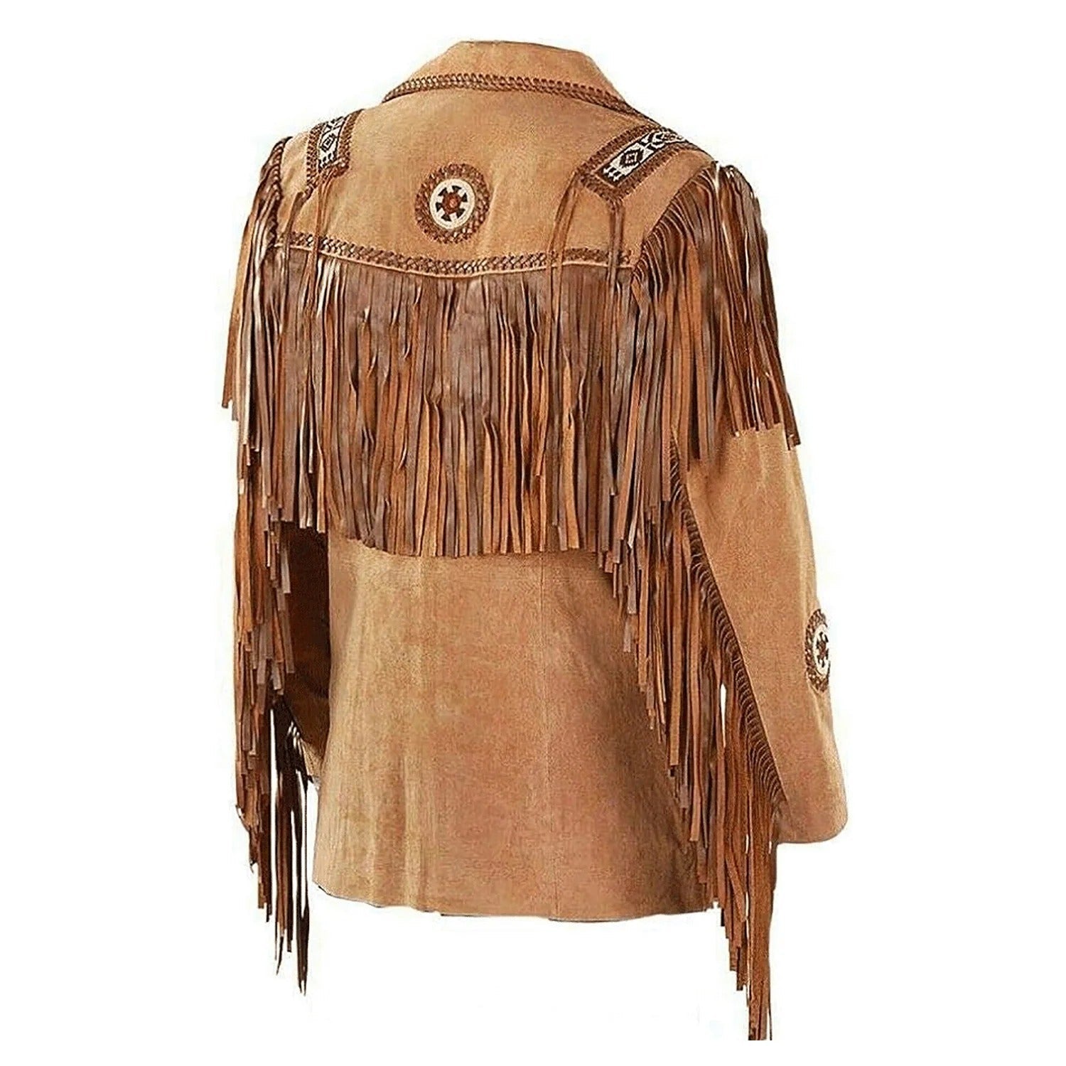 The brown suede leather fringe jacket with beaded detailing, pictured from the back