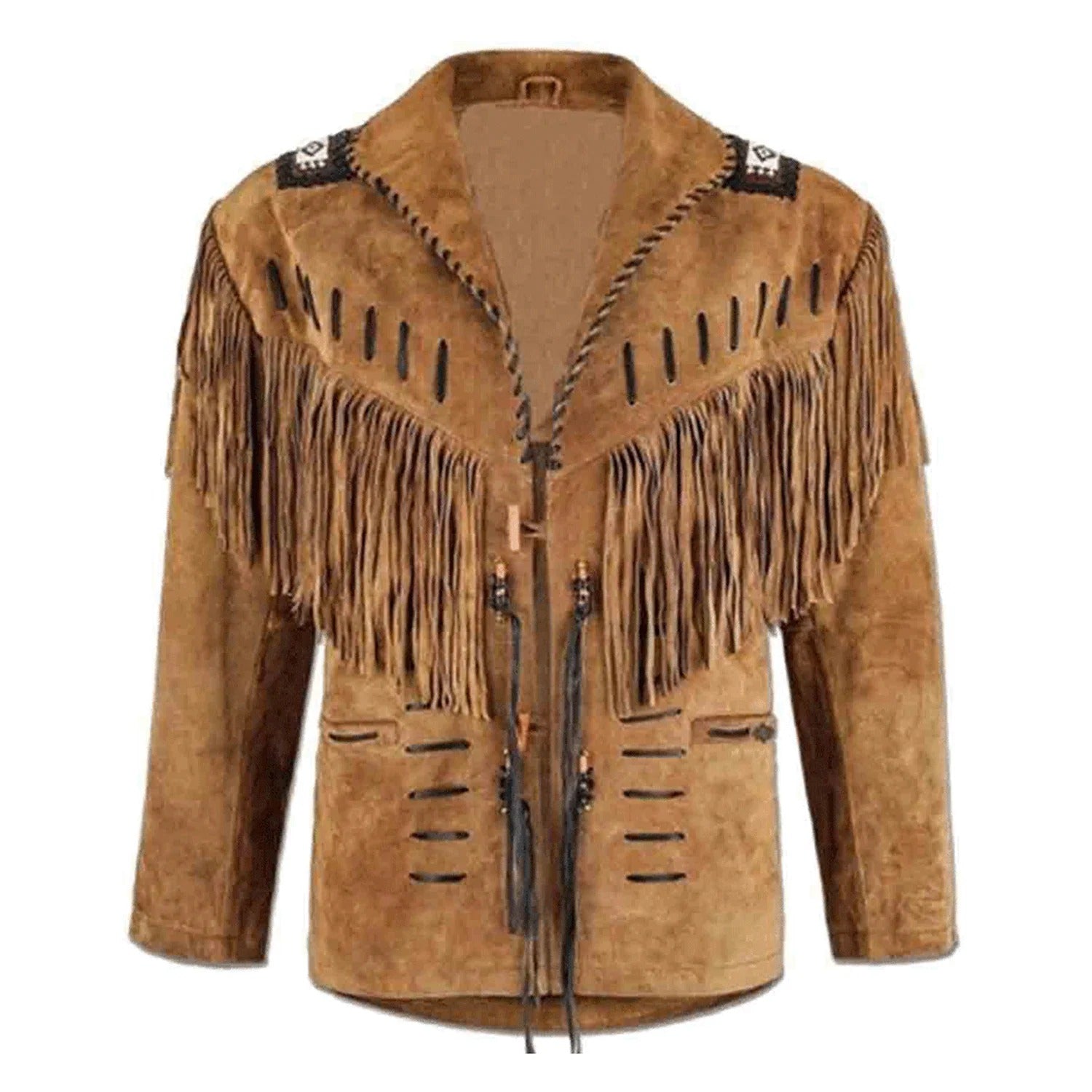 Brown suede leather fringe jacket with beaded detailing, front view