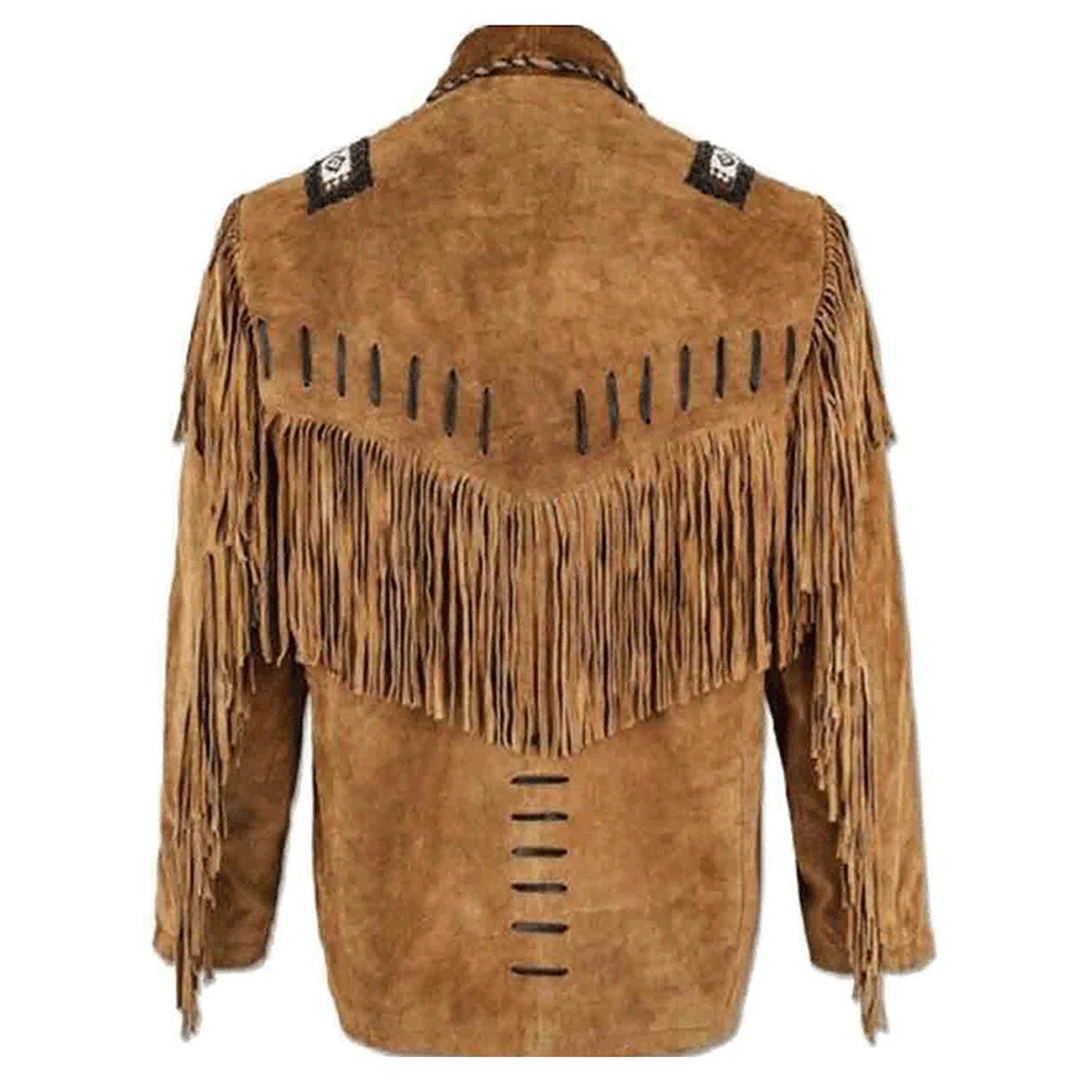 Brown suede leather fringe jacket with beaded detailing, side profile