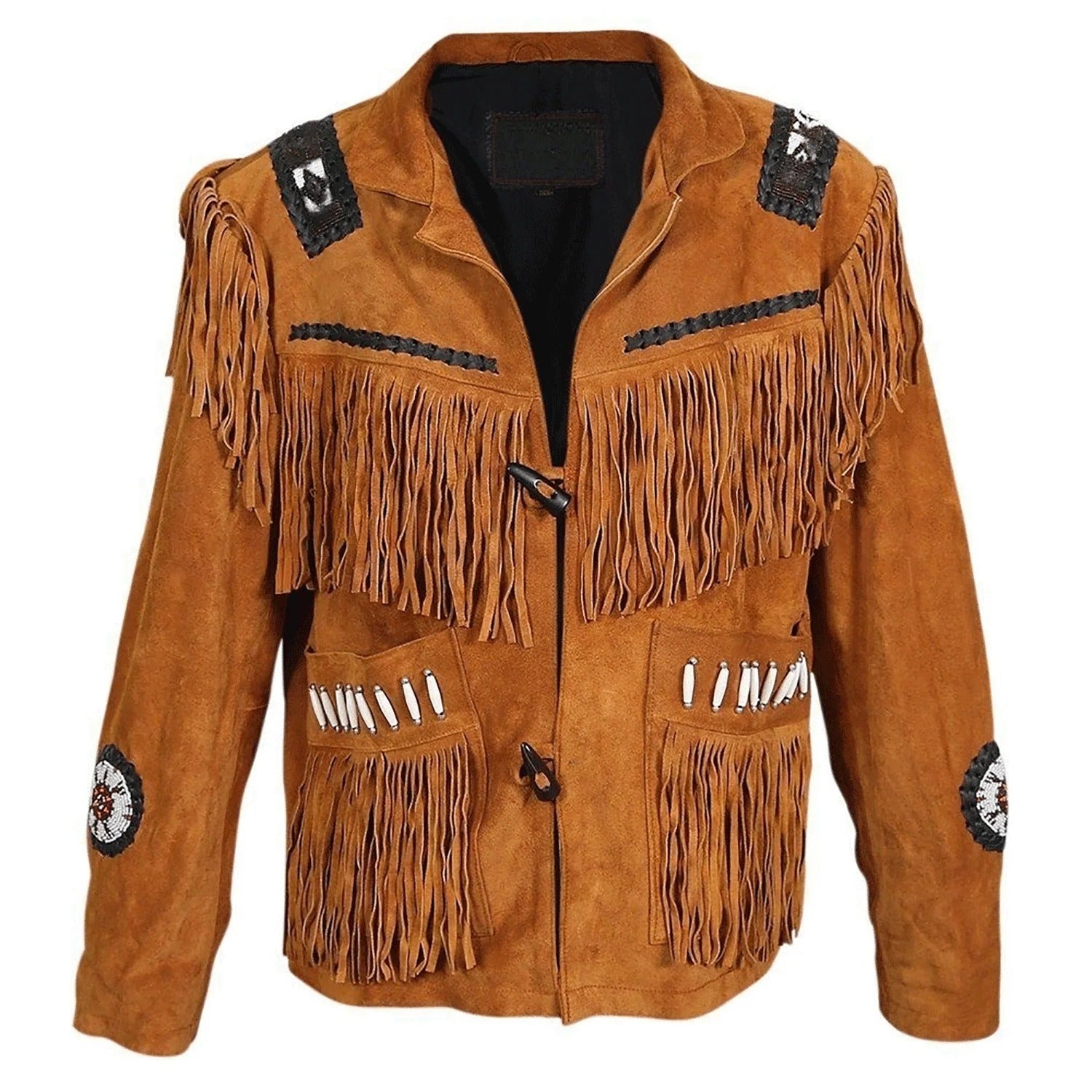 Front view of the brown suede leather fringe jacket with beaded detailing for men