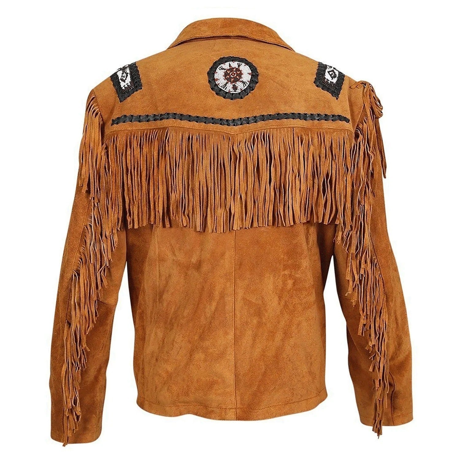 Side profile of the brown suede leather fringe jacket with beaded detailing for men