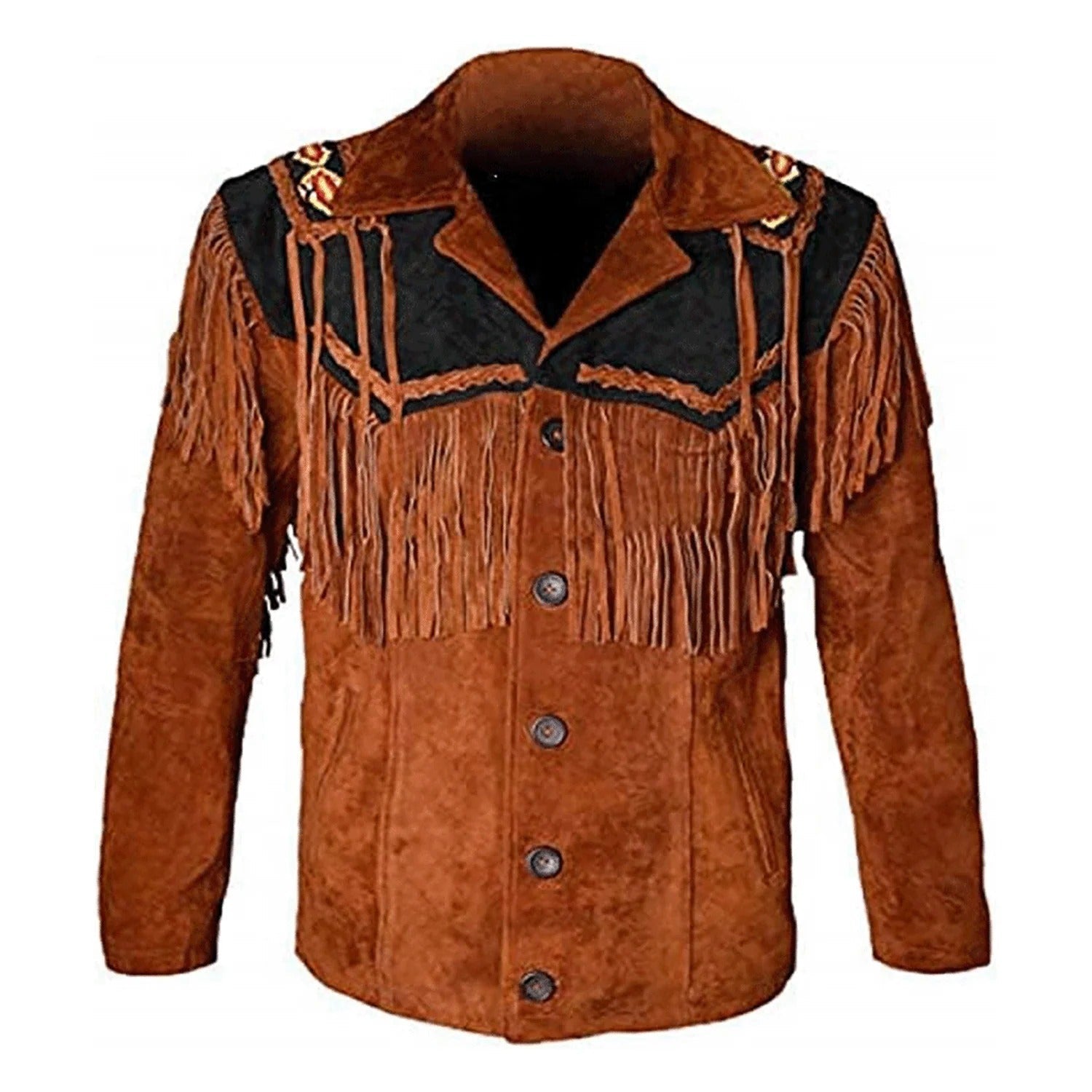 Full display showing the brown suede leather fringe jacket with beaded detailing