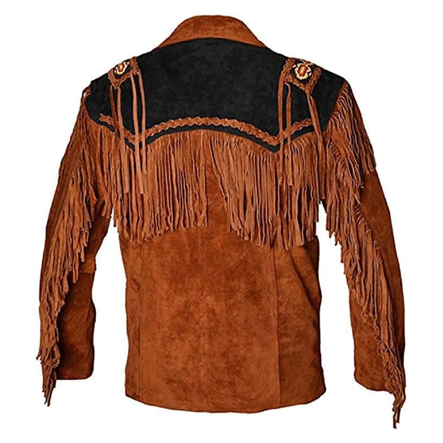 Detail shot showing the brown suede leather fringe jacket with beaded detailing