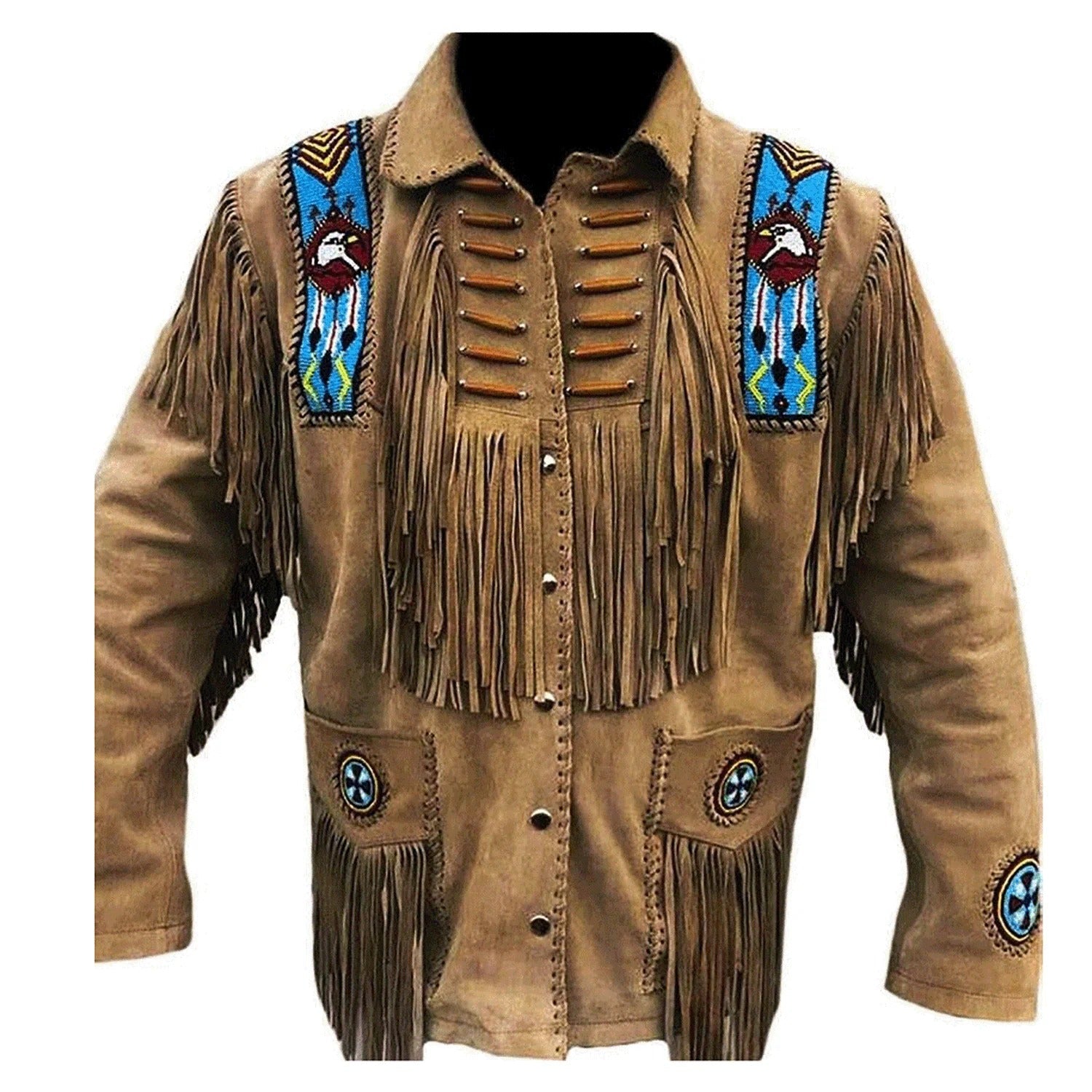 The brown suede leather fringe jacket with beaded detailing, pictured worn and styled