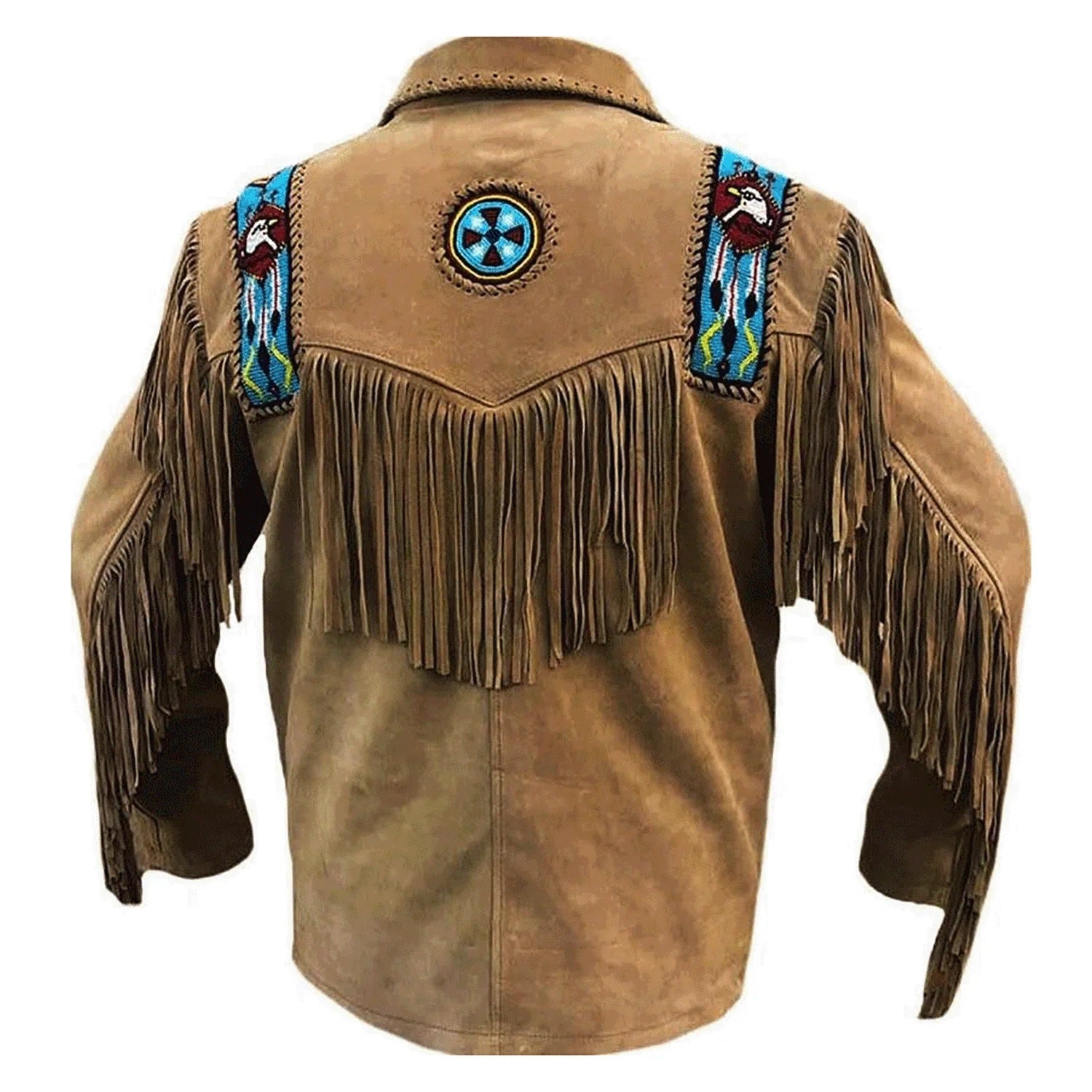The brown suede leather fringe jacket with beaded detailing, pictured in detail
