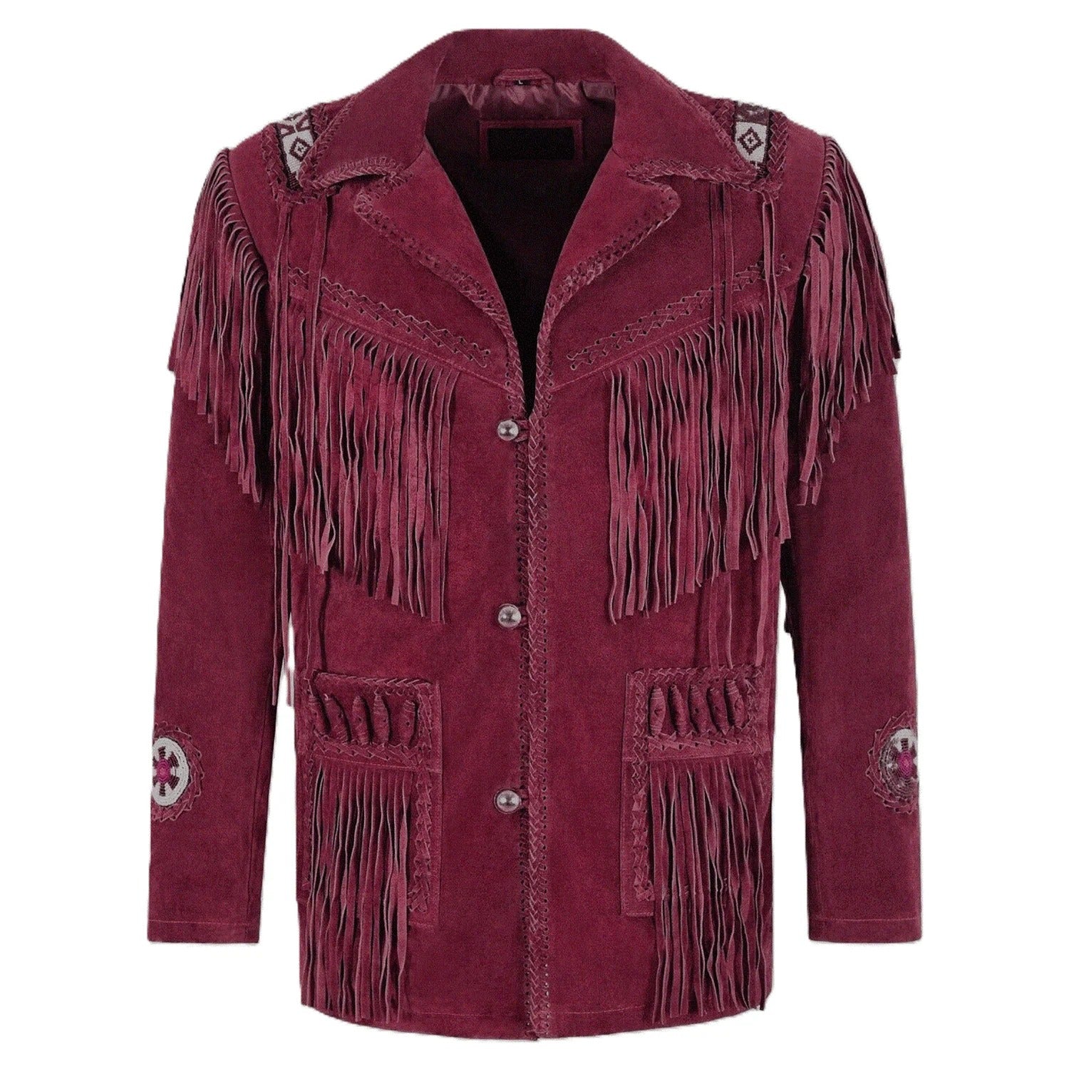 Back view of the brown suede leather fringe jacket with beaded detailing for men