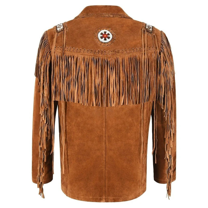 Detail shot of the brown suede leather fringe jacket with beaded detailing for men