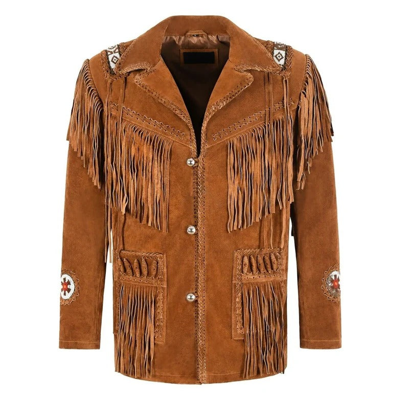 Full display of the brown suede leather fringe jacket with beaded detailing for men