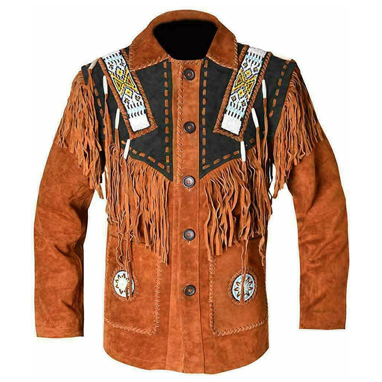 Brown suede leather fringe jacket with beaded detailing, close-up detail