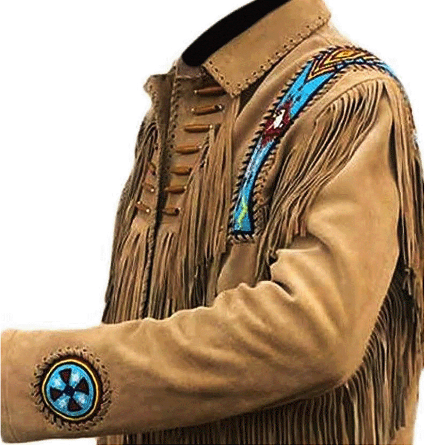 The brown suede leather fringe jacket with beaded detailing, pictured in full display