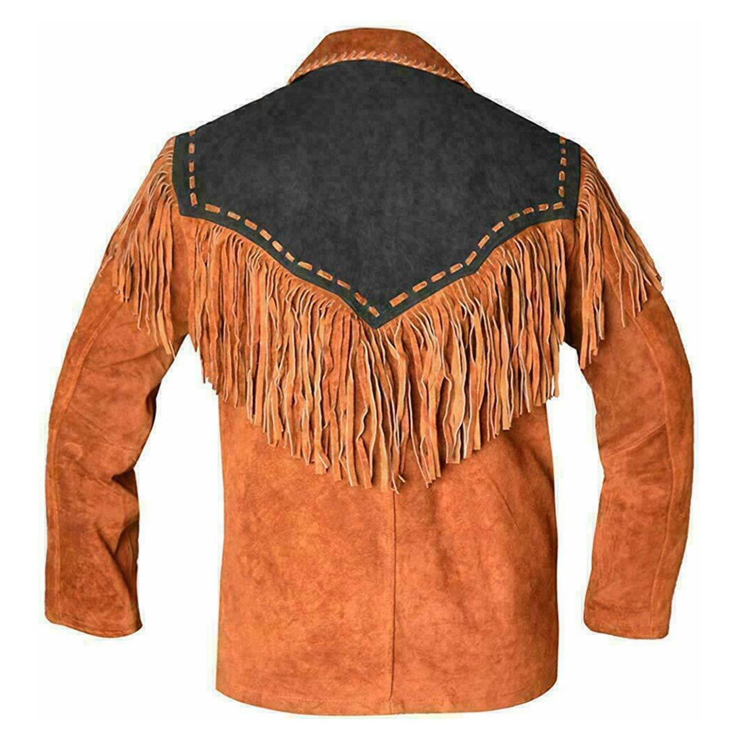 Brown suede leather fringe jacket with beaded detailing, worn styled look