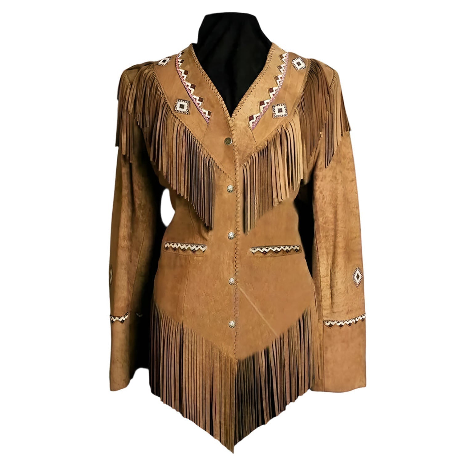 Western Fringe Brown Suede Leather Beaded Jacket for Women front view