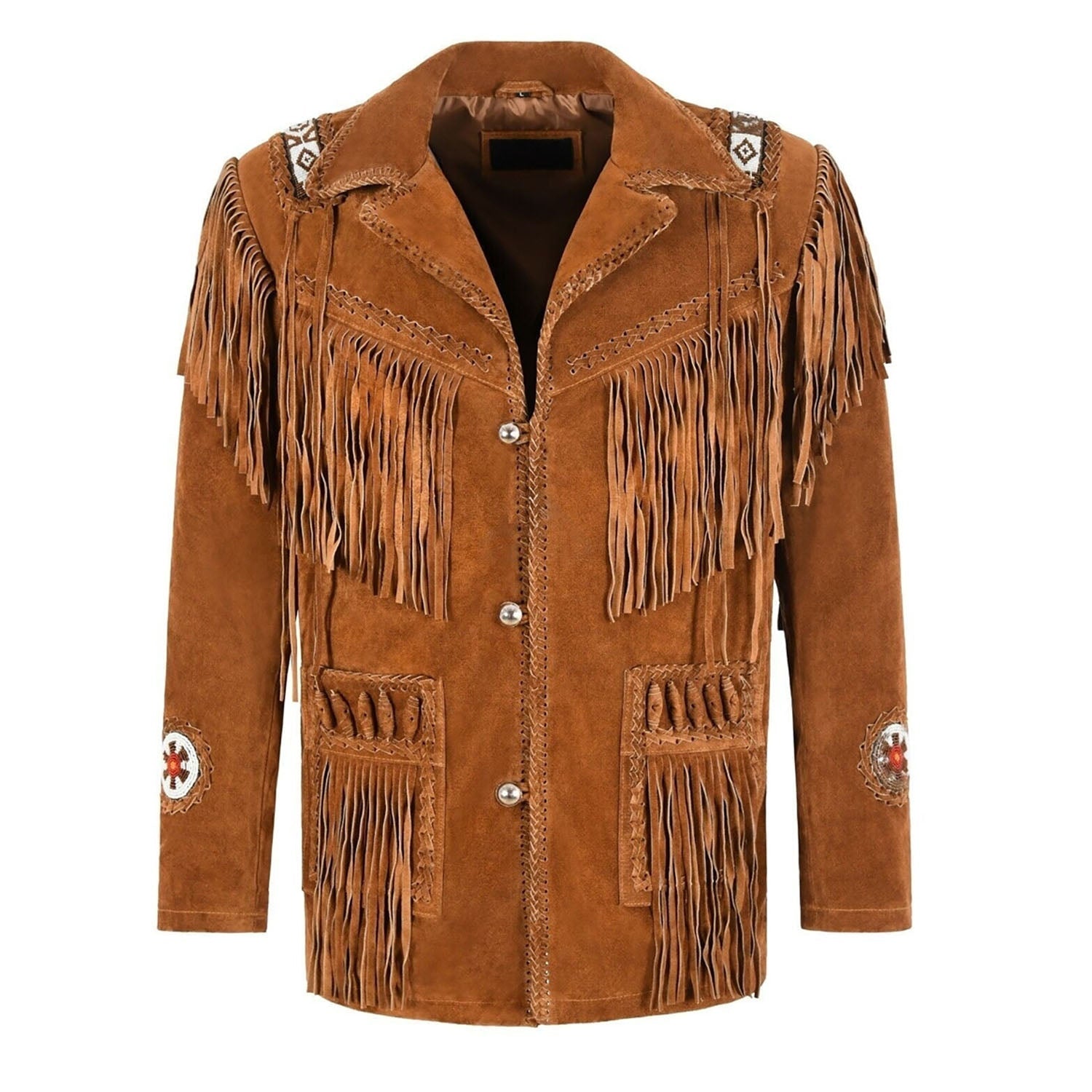 Western Fringe Brown Suede Leather Beaded Jacket for Women front view