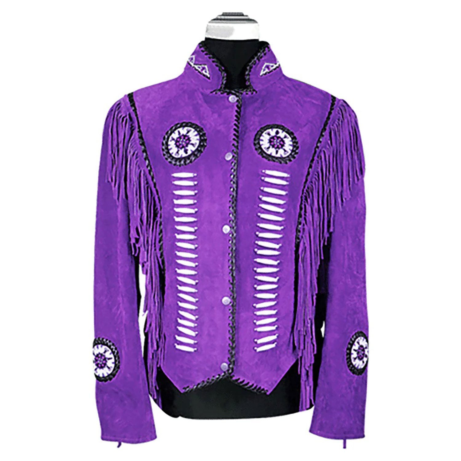 Western Fringe Brown Suede Leather Beaded Jacket for Women front view