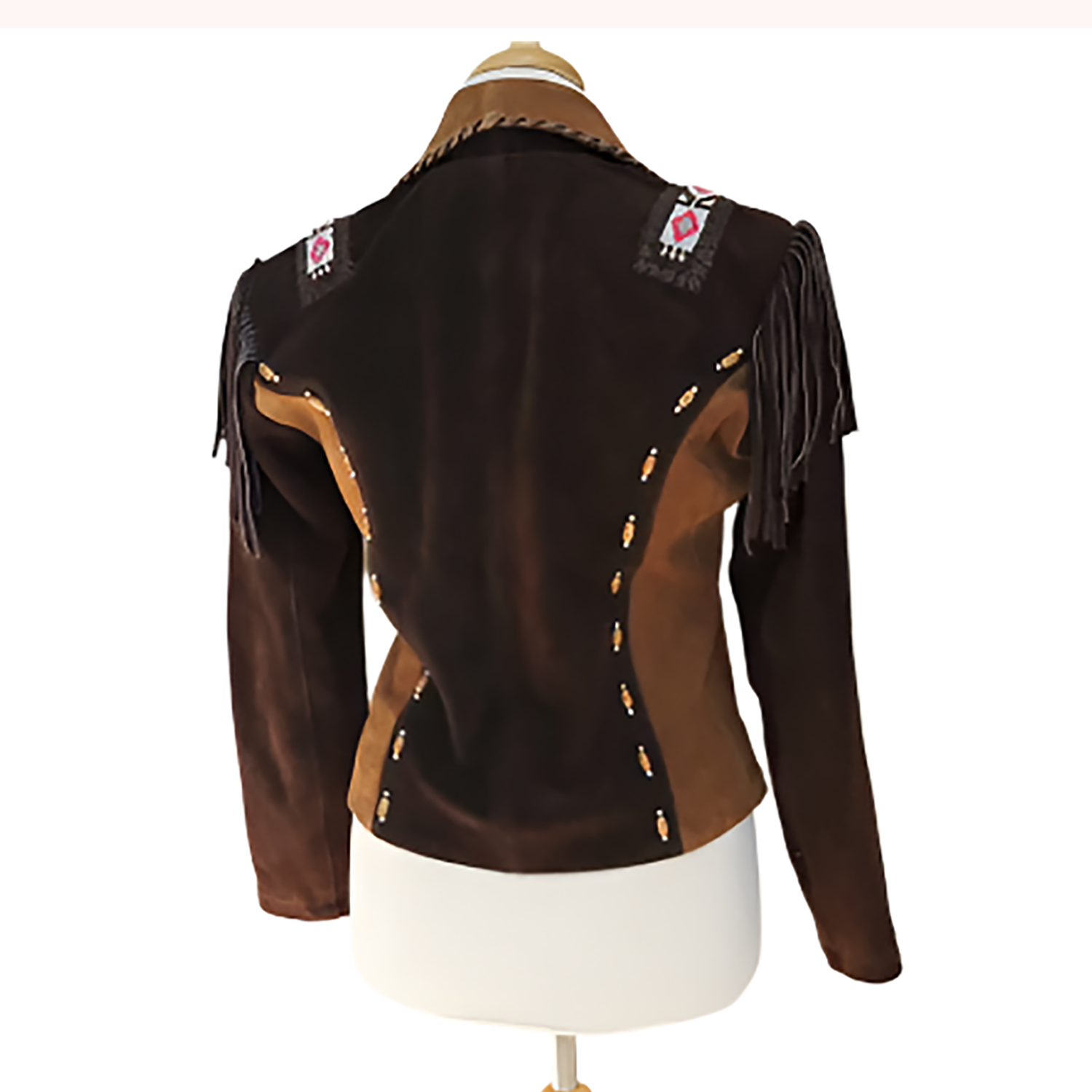Western Fringe Brown Suede Leather Beaded Jacket for Women back view