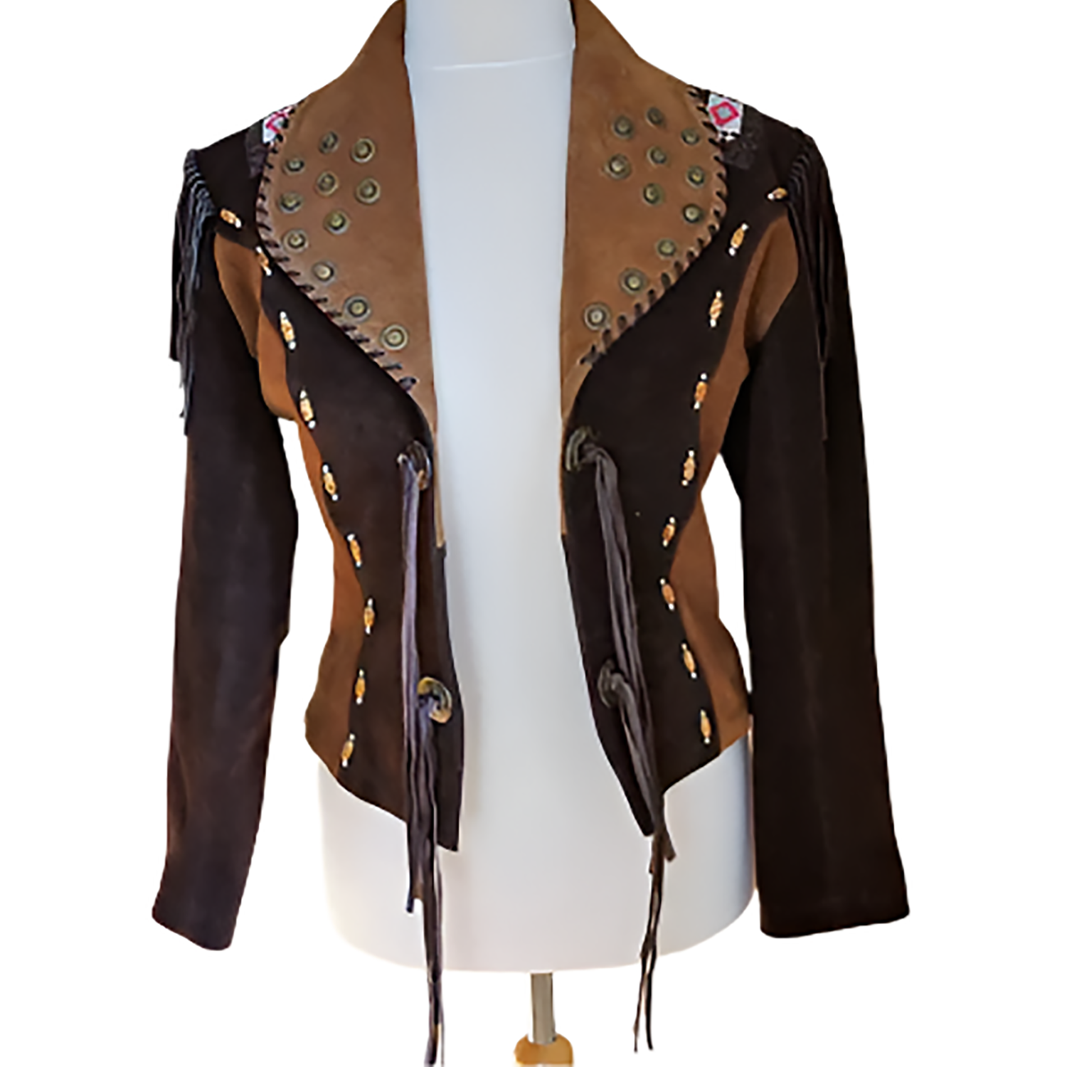 Western Fringe Brown Suede Leather Beaded Jacket for Women front view