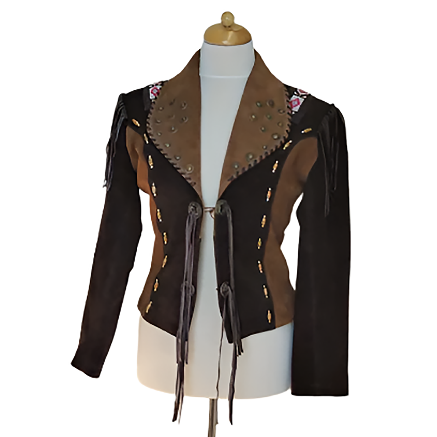 Western Fringe Brown Suede Leather Beaded Jacket for Women side view