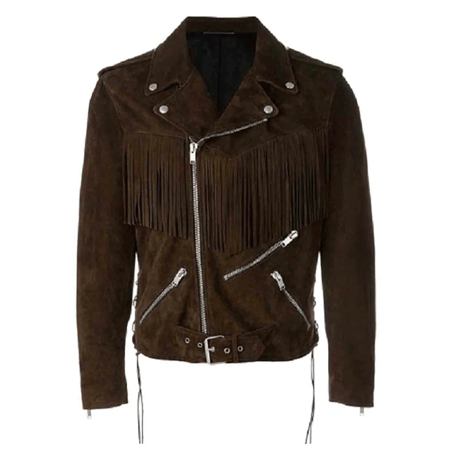 Side profile showing the brown suede leather fringe jacket with biker style