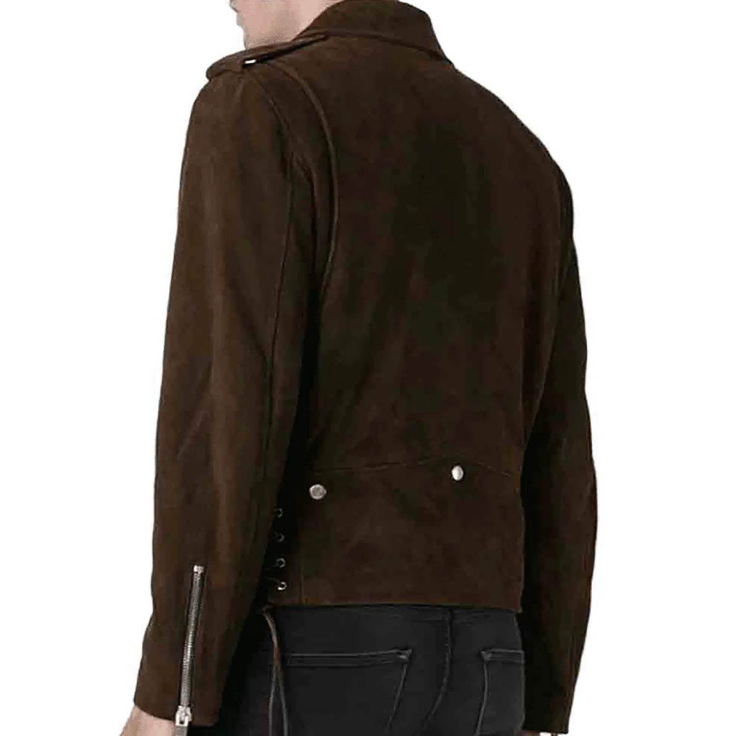 Back view showing the brown suede leather fringe jacket with biker style