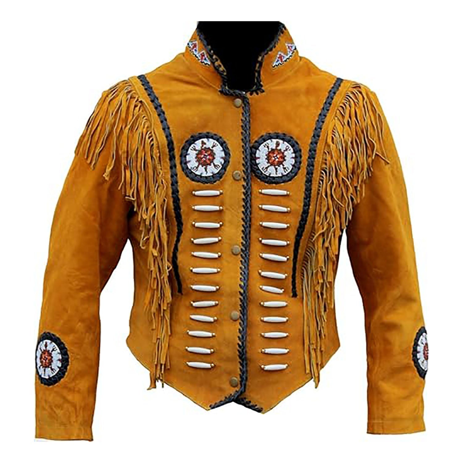 Western Fringe Brown Suede Leather Bone Beaded Jacket for Women front view