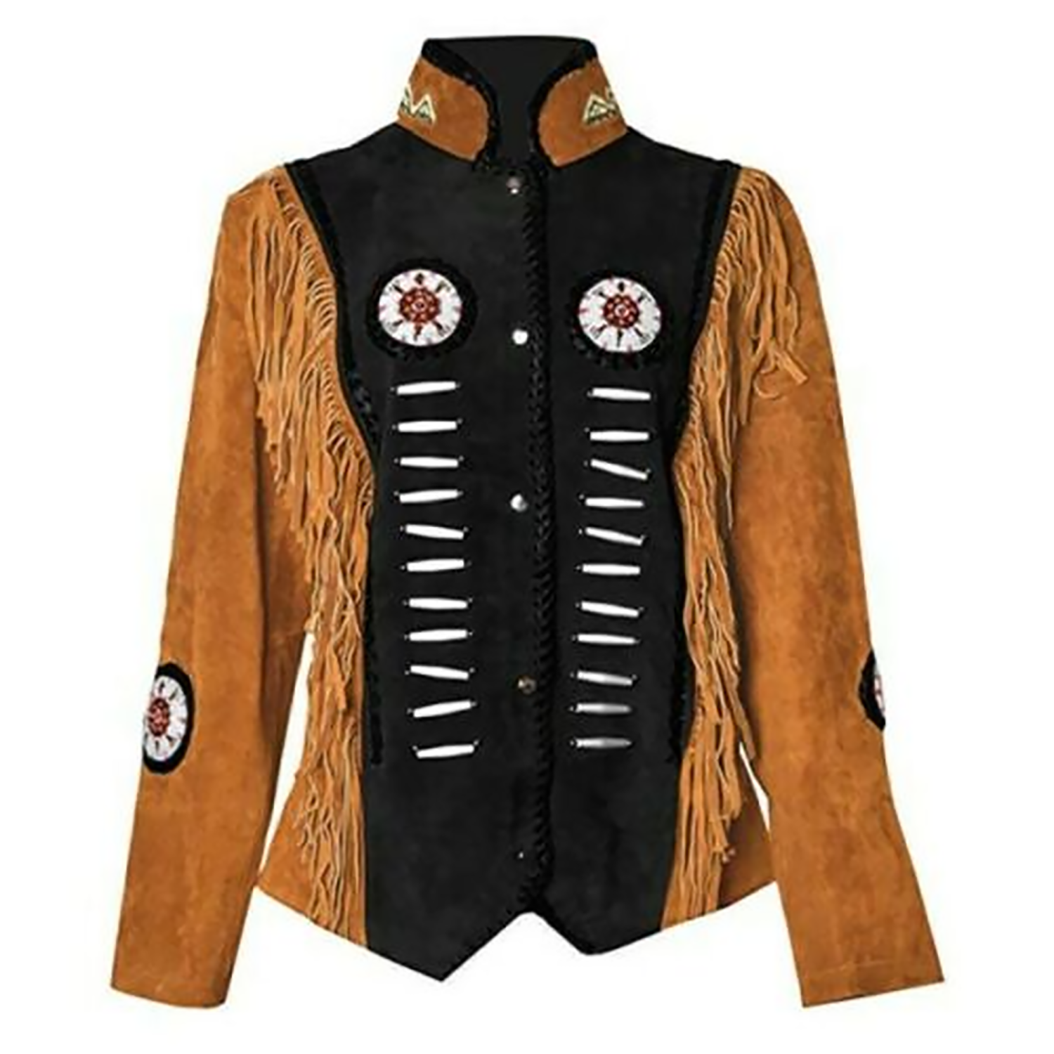 Western Fringe Brown Suede Leather Bone Beaded Jacket for Women front view