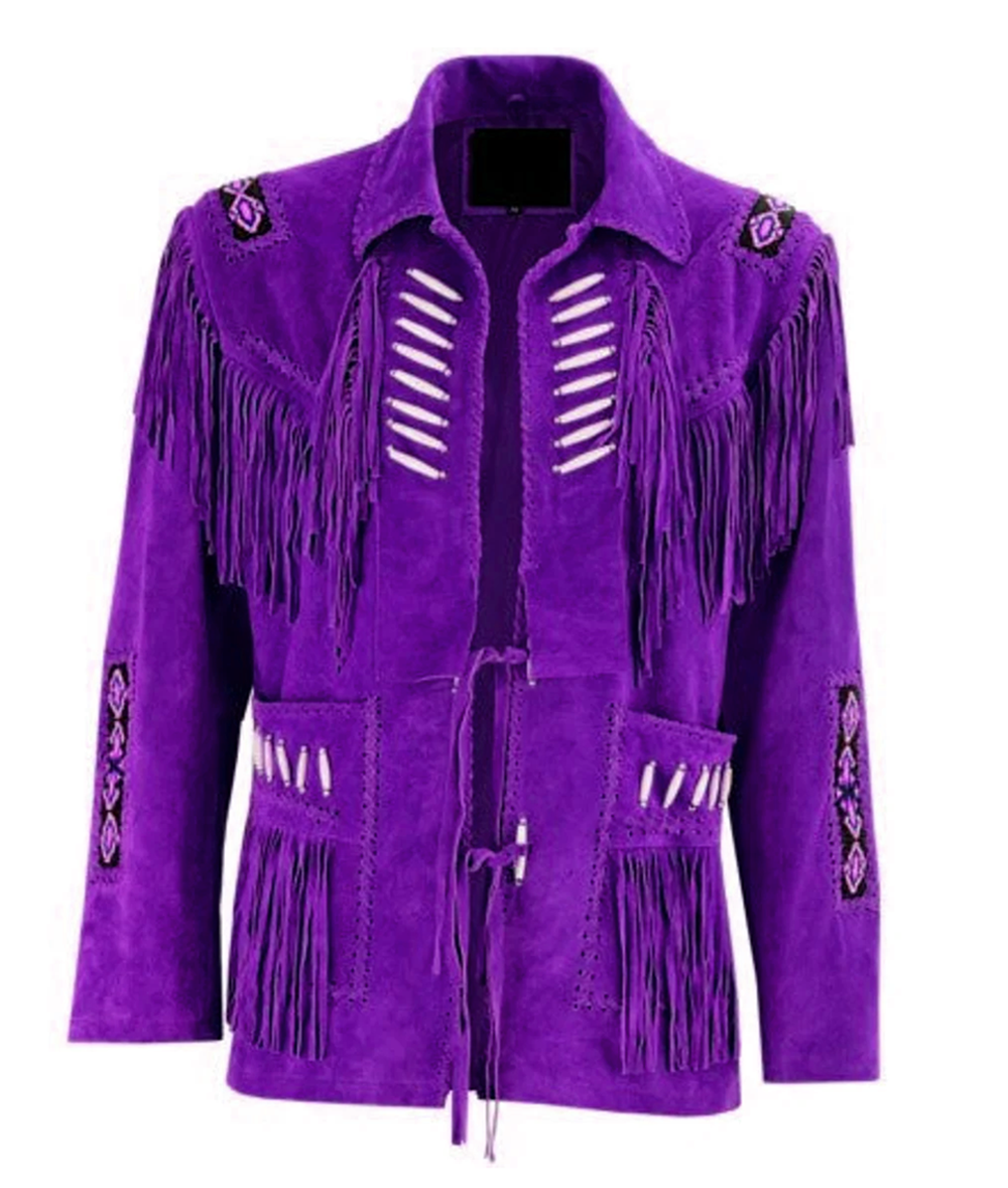 Western Fringe Brown Suede Leather Bone Beaded Jacket for Women side view