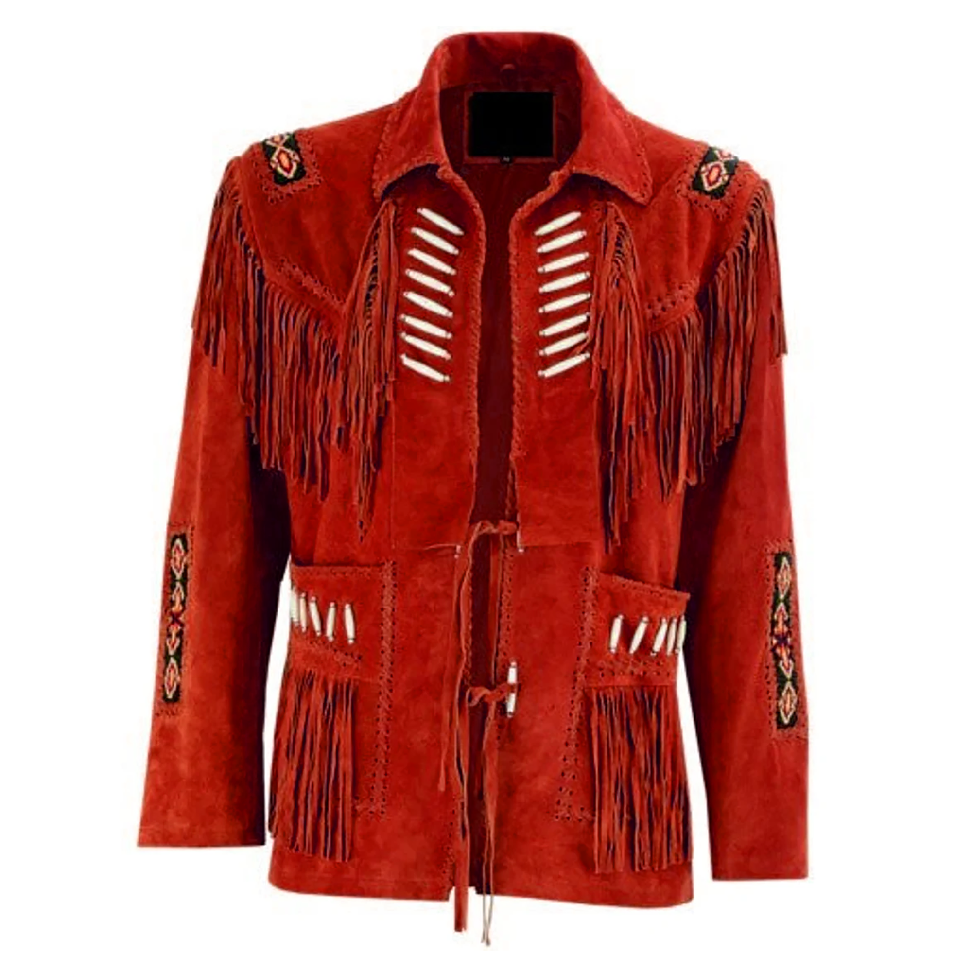 Western Fringe Brown Suede Leather Bone Beaded Jacket for Women styled look