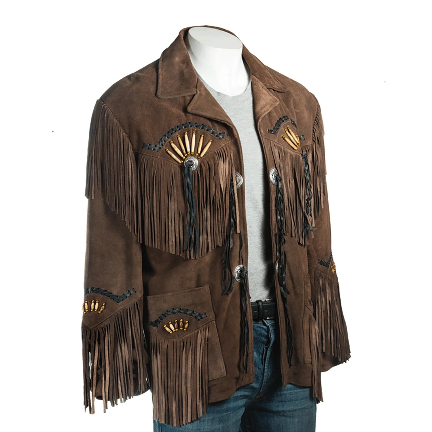 The brown suede leather fringe jacket with bone-work trim, pictured from the front