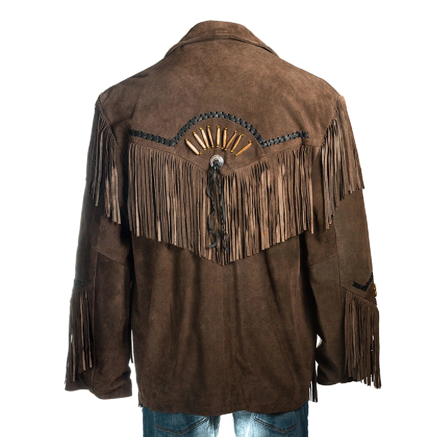 The brown suede leather fringe jacket with bone-work trim, pictured from the side