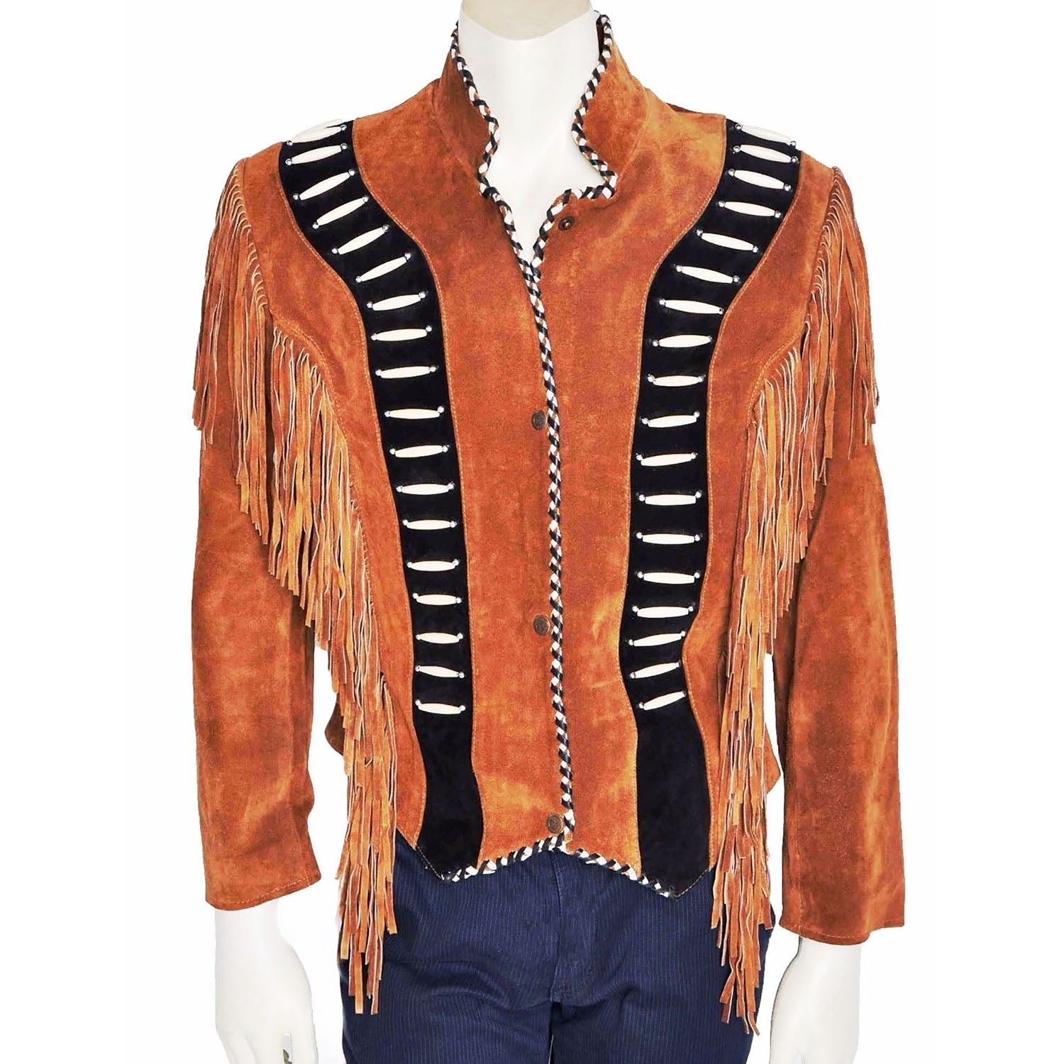 Western Fringe Brown Suede Leather Bone work Jacket for Women front view